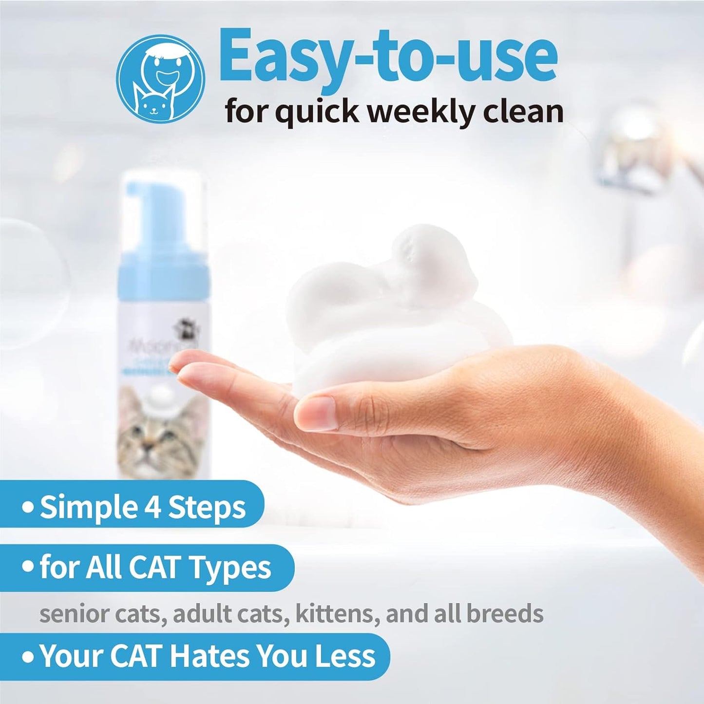 Mooncat Waterless Shampoo & Brush Kit for Longhair Cats | Complete Grooming System for Detangling, Deshedding & Matted Fur | Licking Safe No-Rinse Foam with Gentle Silicone Massager - Made in Taiwan