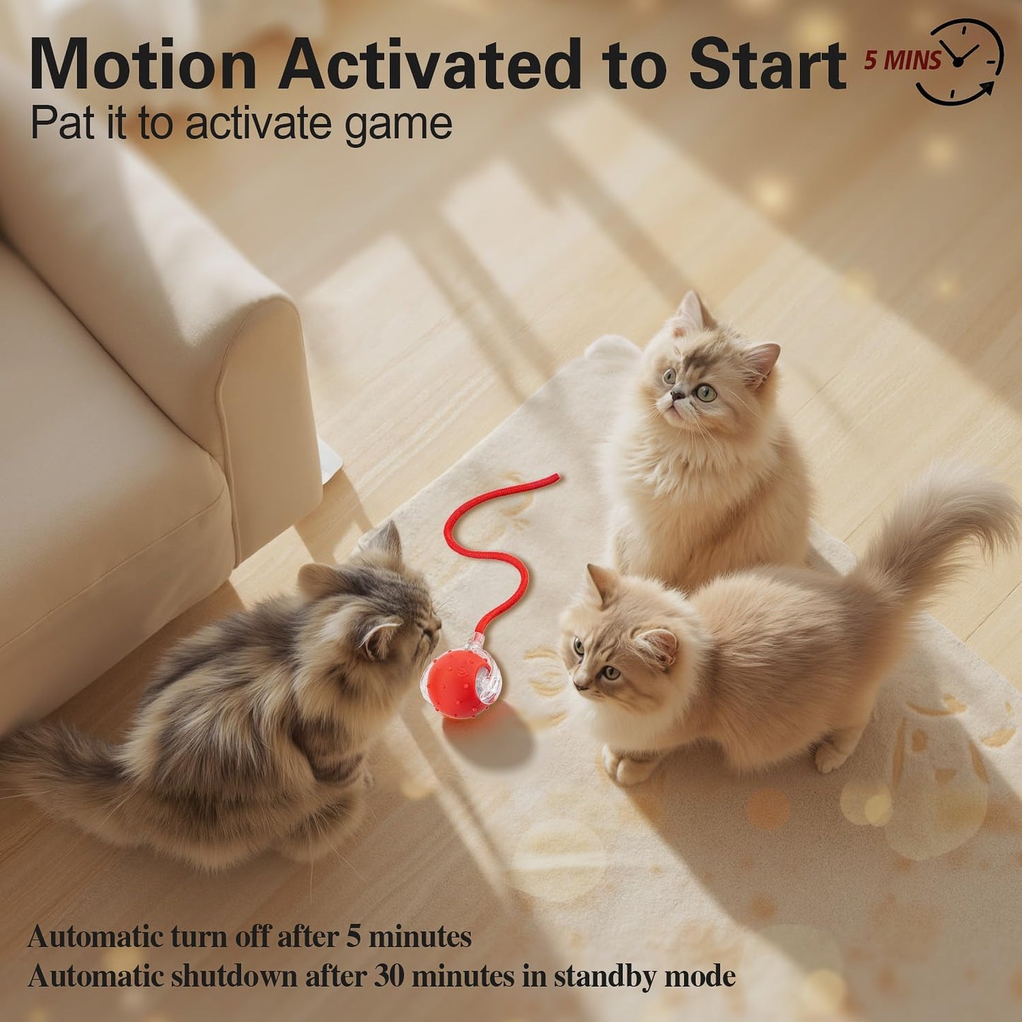 Interactive Cat Toys Ball for Indoor Cats, Automatic Agile Rolling Cat Ball with Elastic Mesh Tail, Bird Chirping & Motion Activated, 2 Tail Accessories, Kitten Toy for Bored (Red)