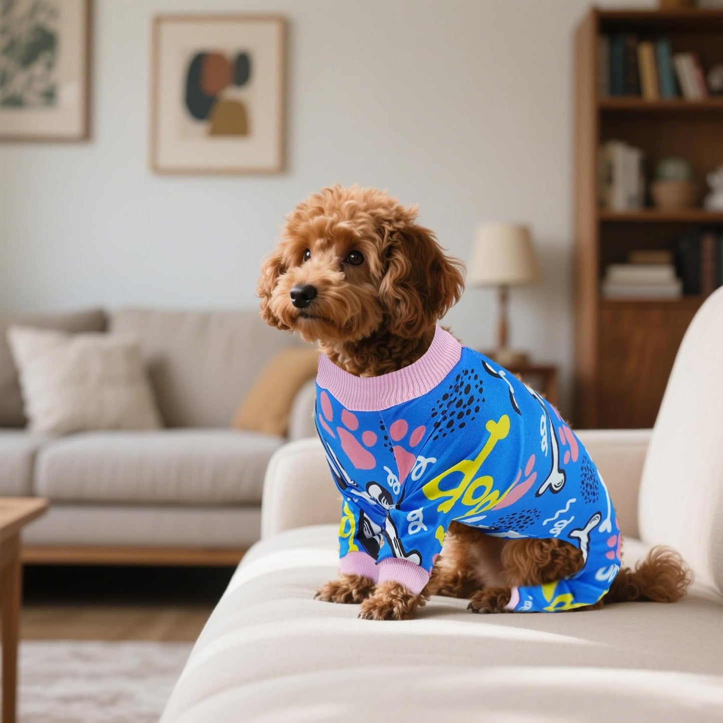2PCS Dog Pajamas for Large Sized Dog Pjs Clothes Puppy Onesies Outfits Pet Jammies Boy Girl Male Female Apparel Lightweight Stretch Paw Bone Blue Yellow Print L