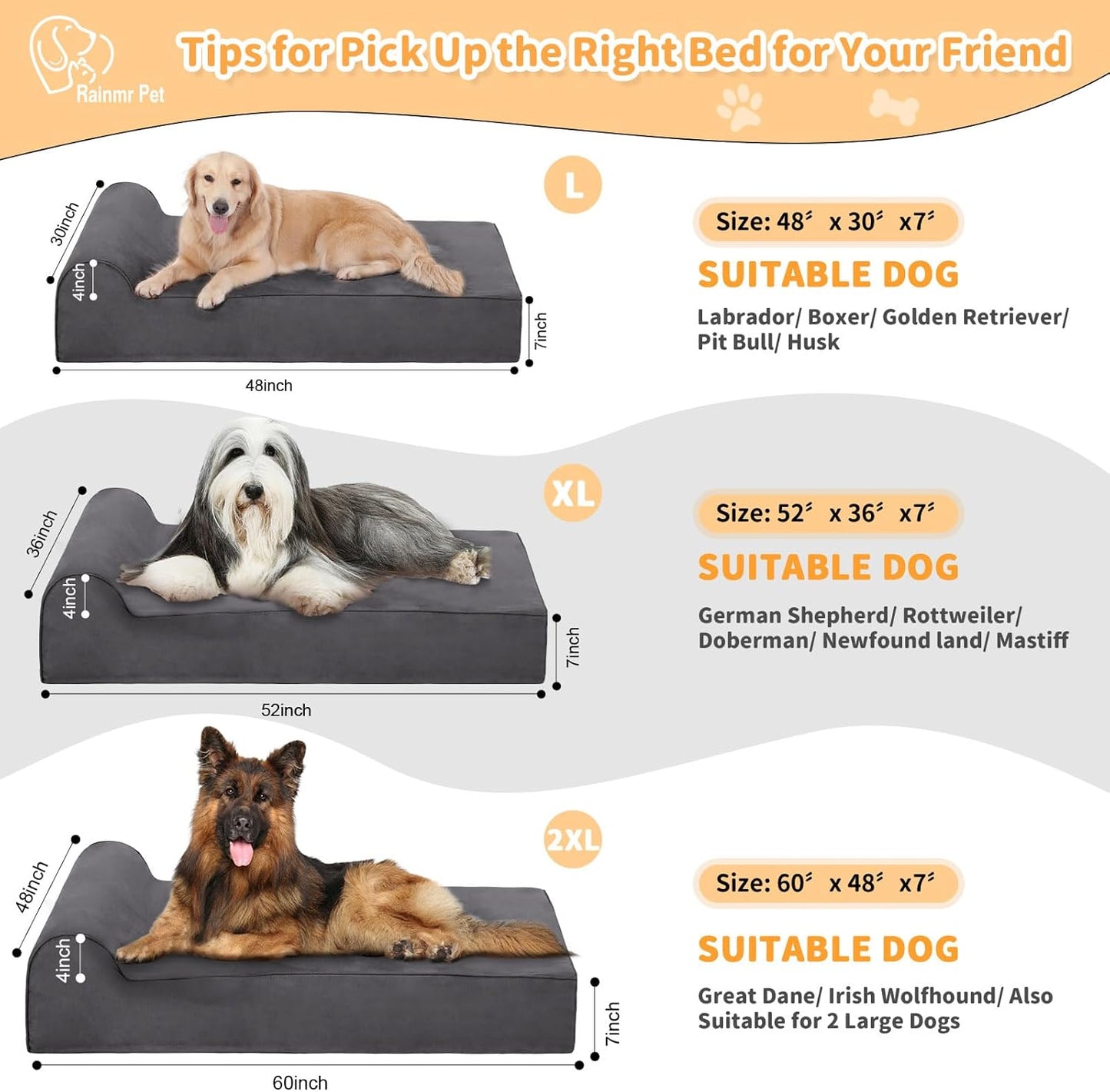 Large Orthopedic Dog Bed, 7" Memory Foam with Waterproof Liner, Chew Resistant Microsuede Cover, Removable and Washable, for Indoor, Outdoor, and Car Use, Nonskid Base, 60"x48" XXL Grey
