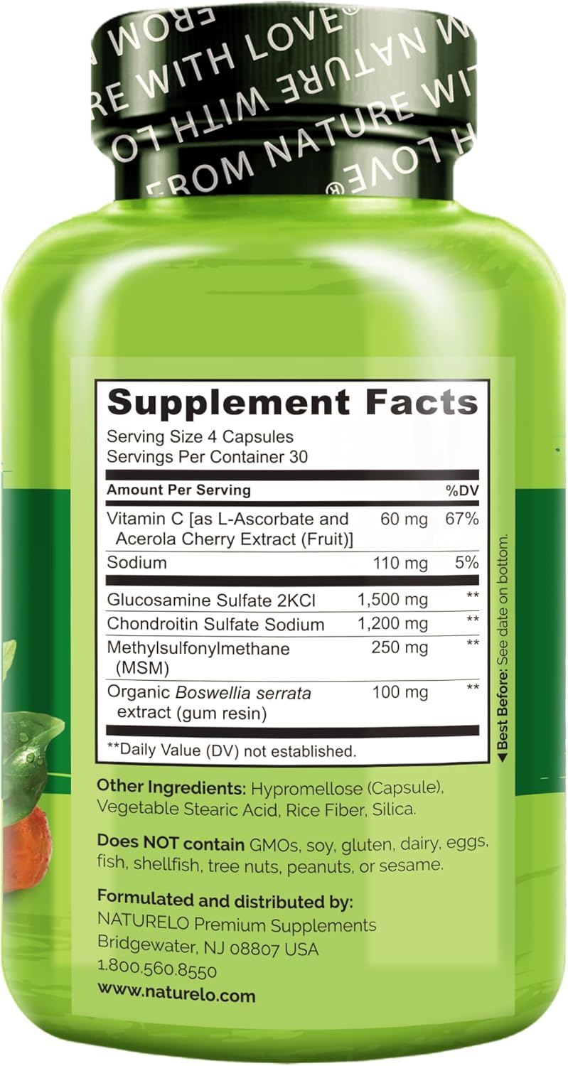NATURELO Glucosamine Chondroitin MSM with Boswellia and Vitamin C - Supplement for Joint Comfort, Mobility, and Strength - 120 Capsules