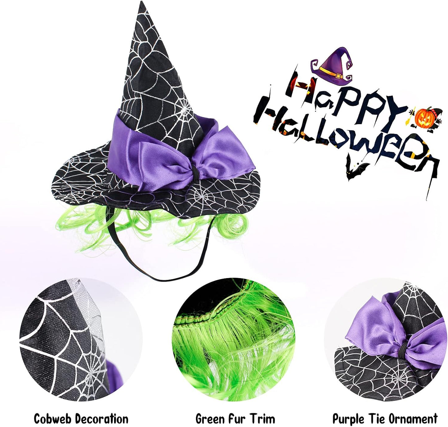 Enjoying Pet Halloween Costumes for Cats Small Dogs, Cat Witch Hat with Funny Wig, Adjustable Doggie Witch Hat Outfit, Kitten Halloween Sorcery Hat Cosplay
