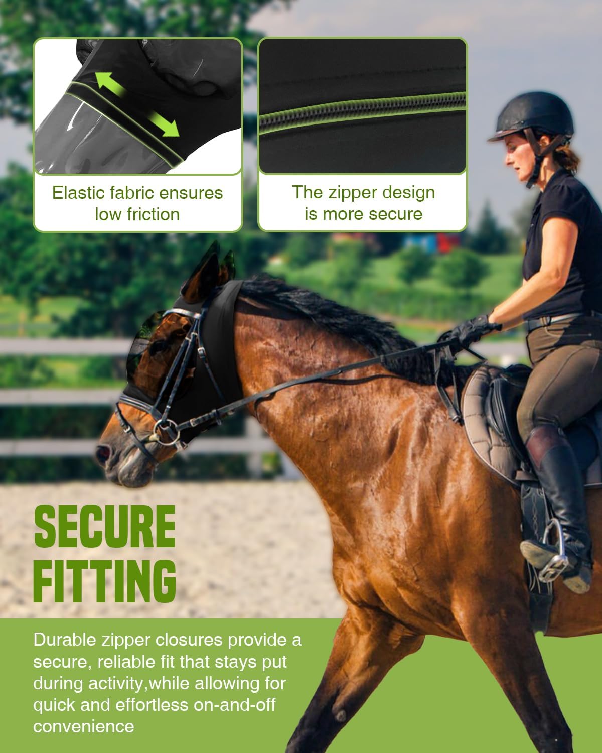 JWODVNTH Fly Masks for Horses with Ears - Large Eye Space, Comfort, UV-Block - Horse Fly Mask for Daily Stable, Hot Weather Riding, and Competition - X-Full, Black