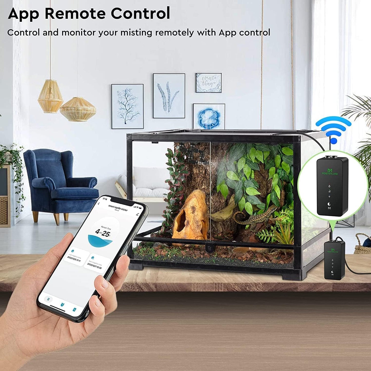 Moistenland WiFi Enabled Reptile Mister for Terrariums, Reptile Misting System for Snake Ball Python Tortoise Lizard Aquarium with 2 Adjustable Misting Nozzles