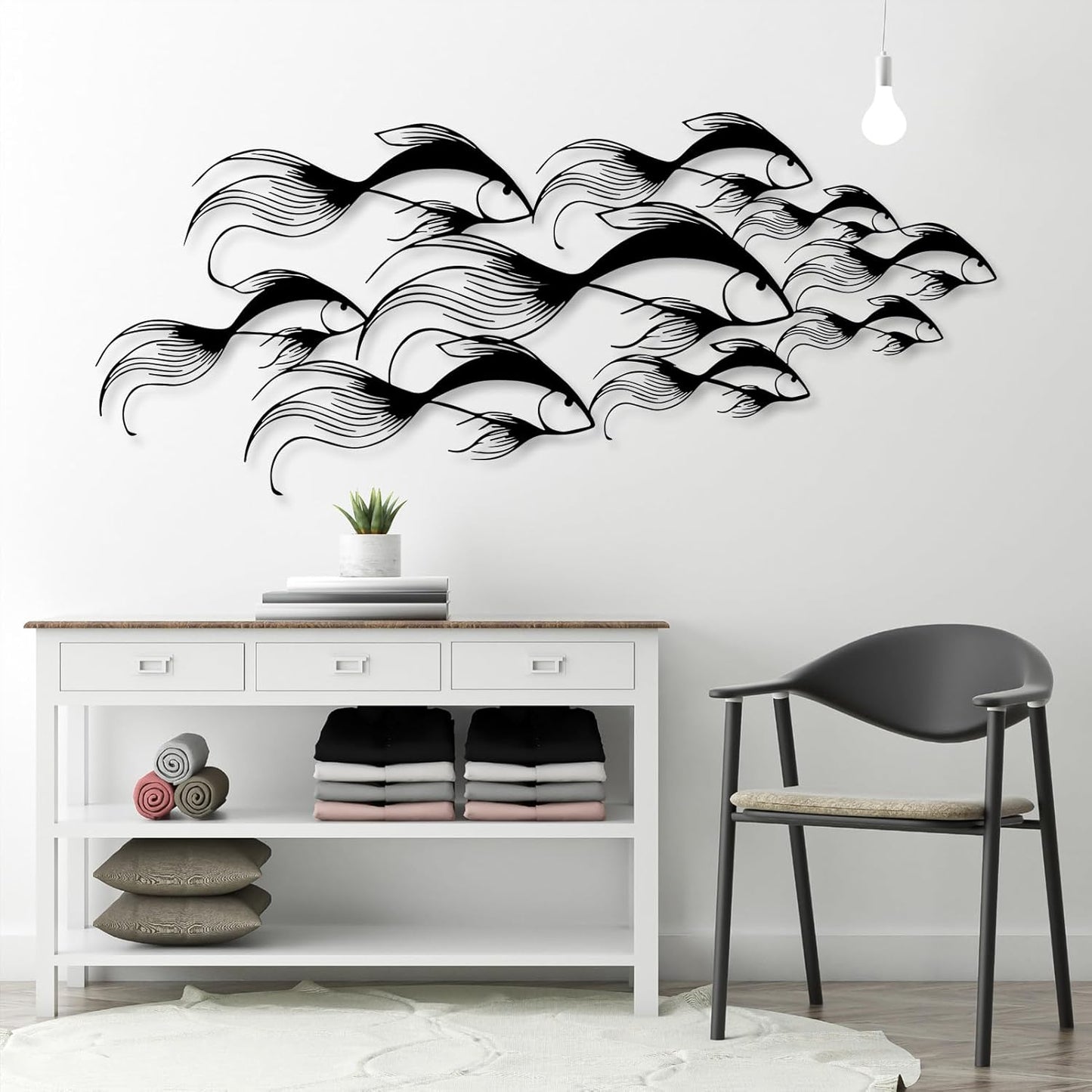 School of Fish Metal Wall Art, Metal Fish Wall Decor, Sea Life Wall Art, Large Nautical Wall Hanging, Modern Beach House Wall Decor, Ocean Themed Artwork for Bathroom (White, 24"x10" | 60x25cm)