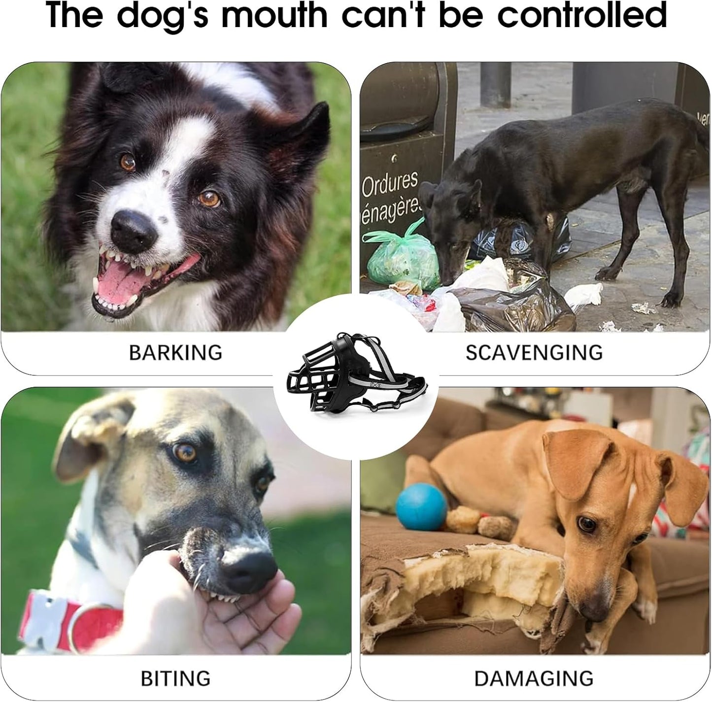 Dog Muzzle, Breathable Basket Muzzles for Small Medium Large Sized Dogs, Adjustable Humane Cage Mouth Cover for Scavenging Grooming Biting Chewing, Allows Panting and Drinking(Soft Rubber, M)
