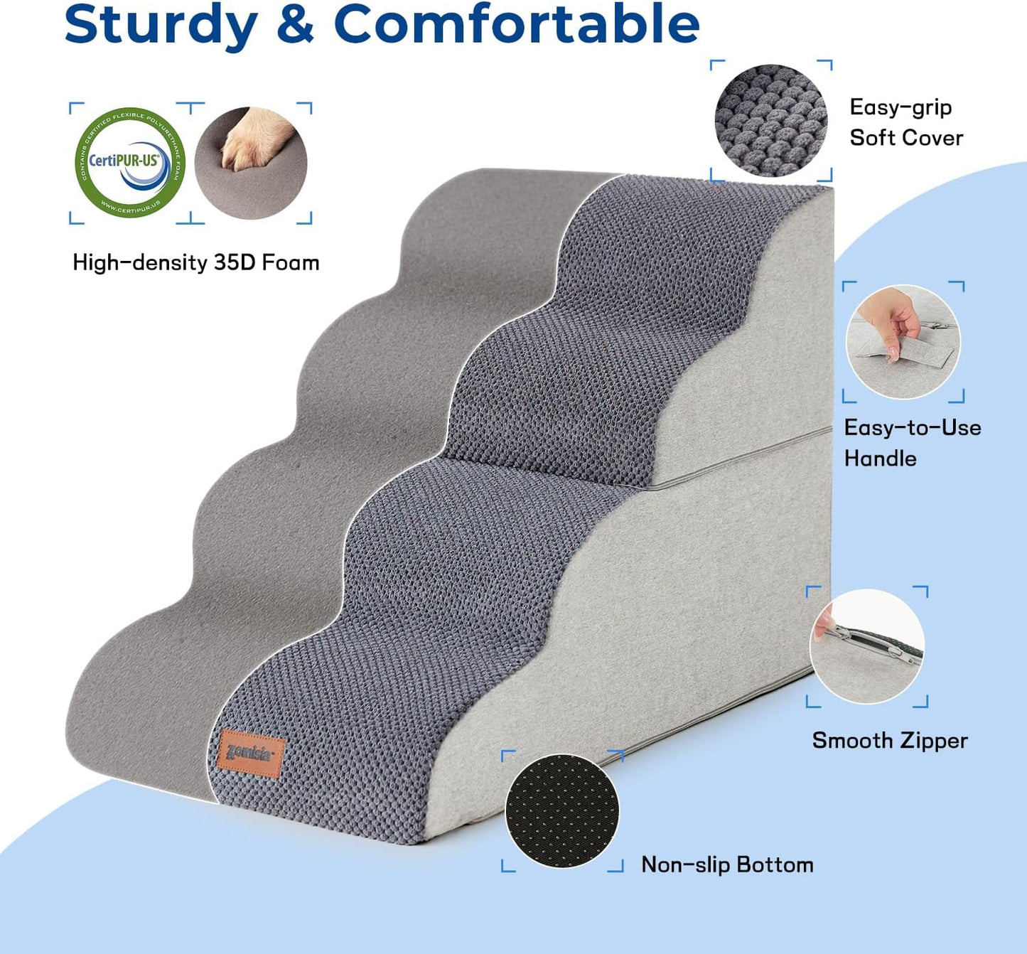 Dog Stairs Ramp for Bed 19.7" H - Pet Stairs Steps for Small to Medium Dogs to Get on Bed and Couch, 35D Foam with Non-Slip Bottom Beige, 4 Steps