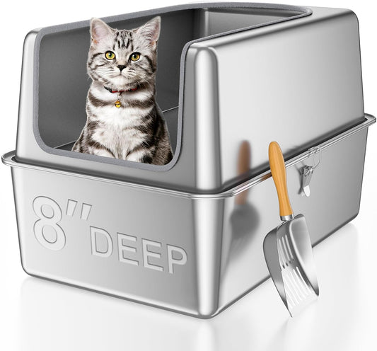 16'' High Sides XXXL All Stainless Steel Cat Litter Box with Lid,8'' Deep Metal Litter Box for Big Cats,Extra Large Litter Boxes with High Wall Enclosure,Anti-Leakage,Never Absorbs Odors,Non-Sticky