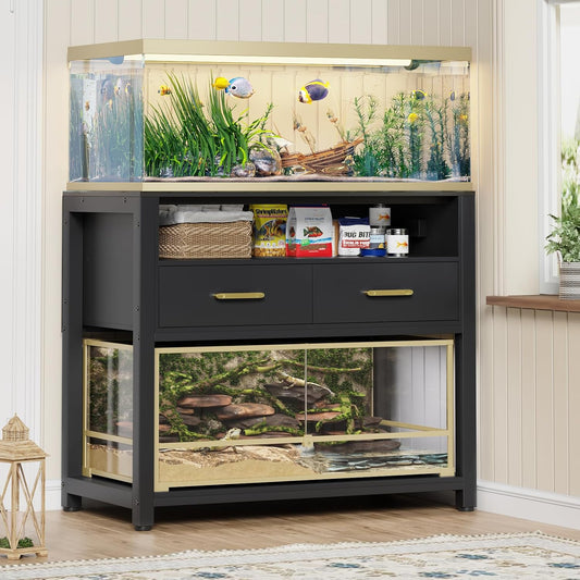 40-50 Gallon Fish Tank Stand with Power Outlet & 2 Storage Drawers, Heavy Duty Metal Frame Aquarium Stand with Waterproof Mat, 36.6" L*19.1" W Tabletop, 800LBS Capacity, Black