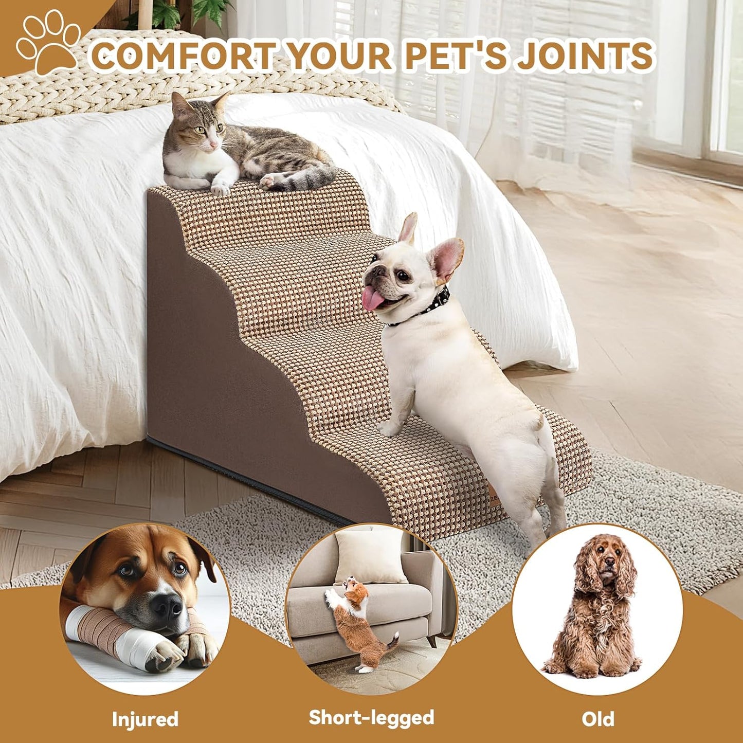 Dog Ramp and Stair for Bed 16" H-20 H,3-Step Cat Stair for Sofa and Chair,4-Step Dog Ramp for High Bed and Window,Durable Nonslip Fabric Cover for Indoor (Coffee-20 H, Pet Friendly, 4)