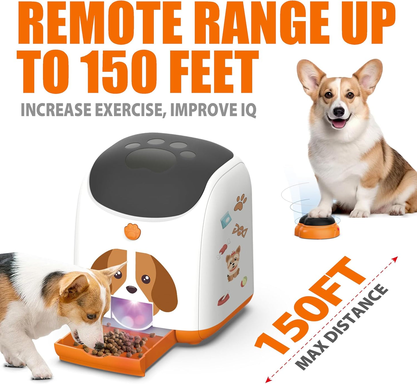 Dog Puzzle Feeder Toy, Automatic Dogs Treat Dispenser,Interactive IQ Training, Dog Slow Feeder,Remote Button Treat Dispenser,All Breeds,Large Capacity with Light (Orange)