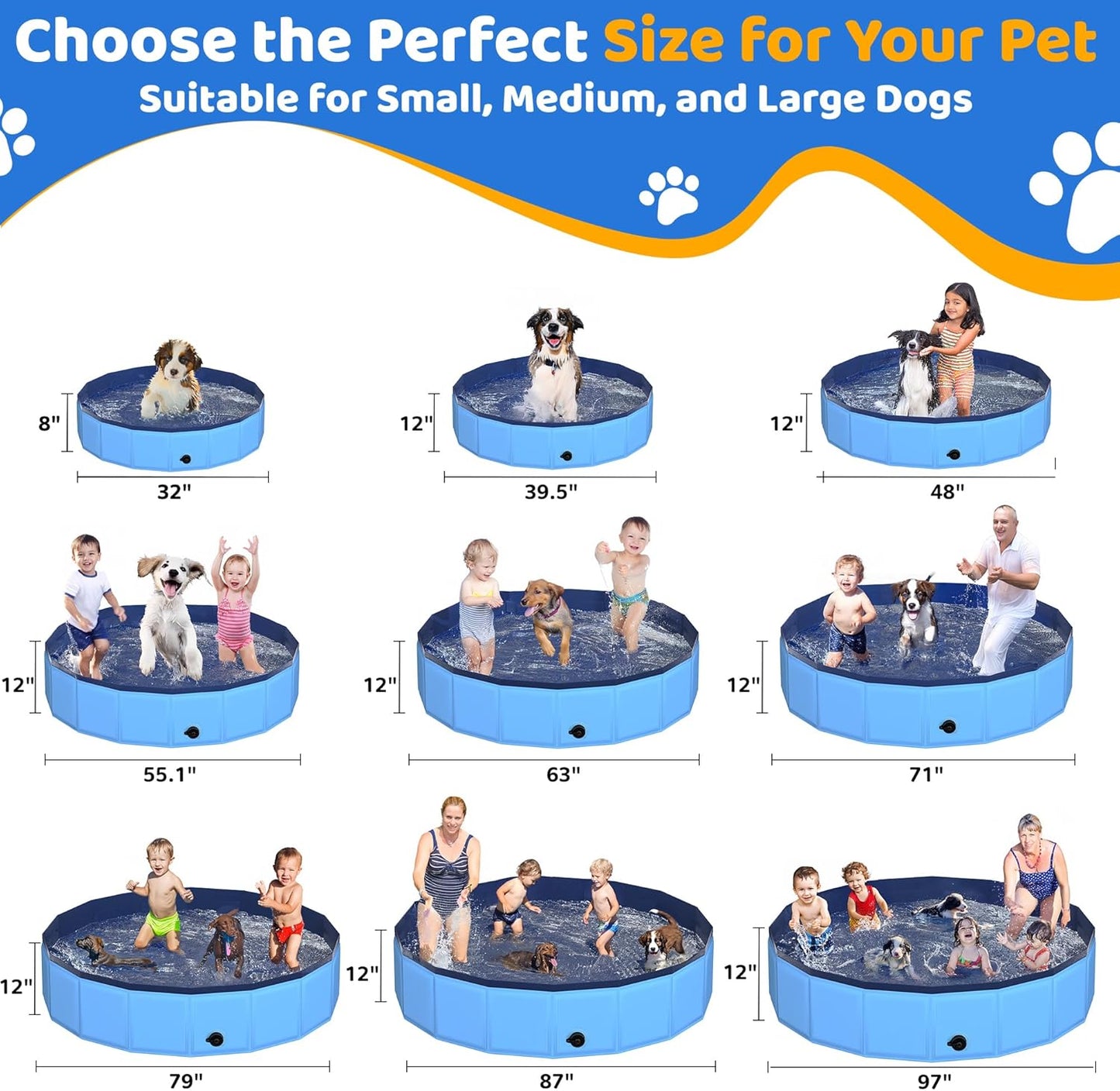 39.5" x 12" Foldable Dog Pool - Collapsible Hard Plastic Kiddie Pool for Dogs & Kids, Non-Slip Pet Bath Tub for Outdoor Backyard Use, Lightweight & Portable (Blue)