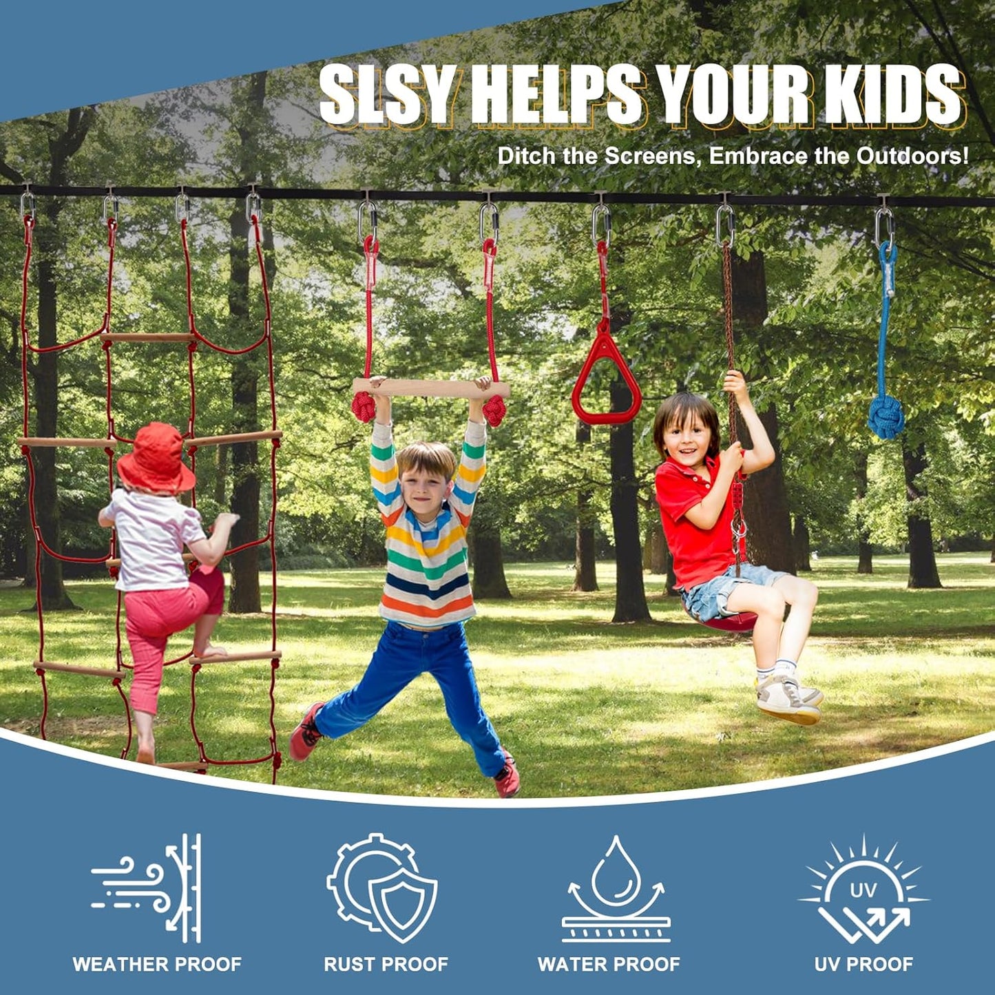 Slsy 60FT Ninja Warrior Obstacle Course (13 Obstacles), Ninja Slackline Kit for Kids, Durable Playset Equipment with 13 Most Complete Set-Monkey Bar,Swing, Balance Belt, Climbing Ladder & Net