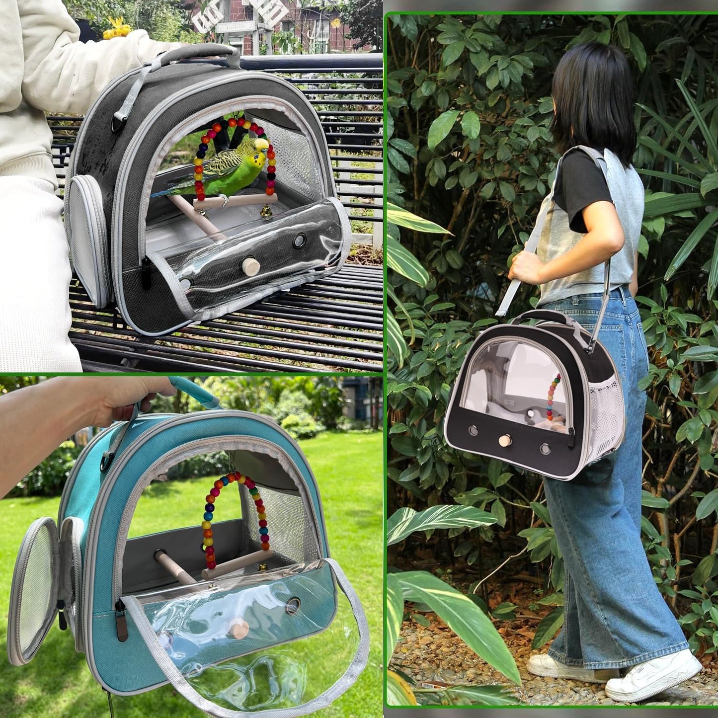 Portable Parrot Travel Cage Carrier with Small Swing Toy&Cage Colorful Toys Set Small Bird Parakeet Bag with Standing Perch Bird Carry Transport Bag (Green, Carreir/Swing)