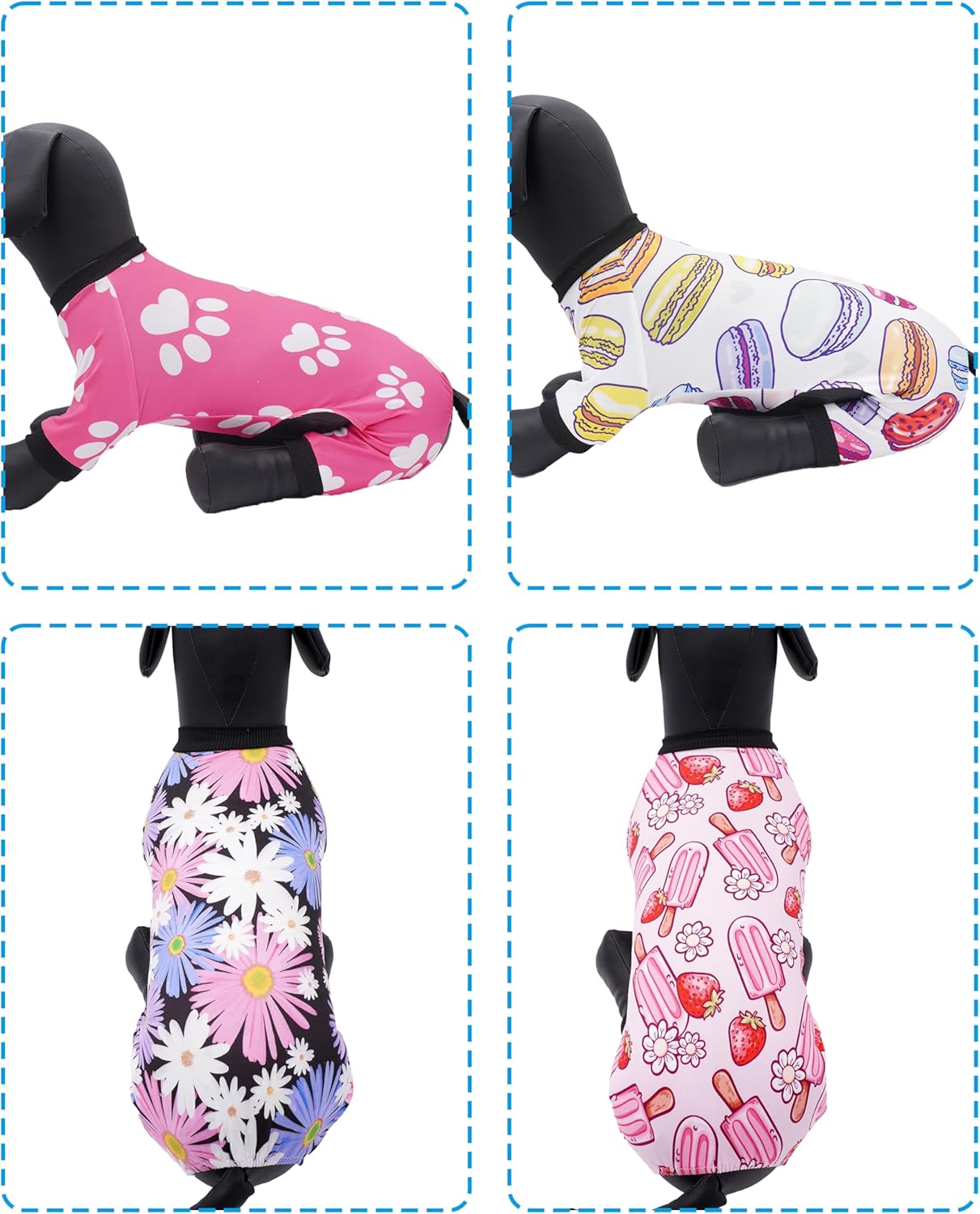 PET SHOW 4 Pack Small Dog Pajamas for Medium Dogs Girl Soft Stretchy PJs Paw Floral Jumpsuit Puppy Doughnut Ice Cream Onesies Outfits with Sleeve Pets Breathable Summer Clothes Costume L