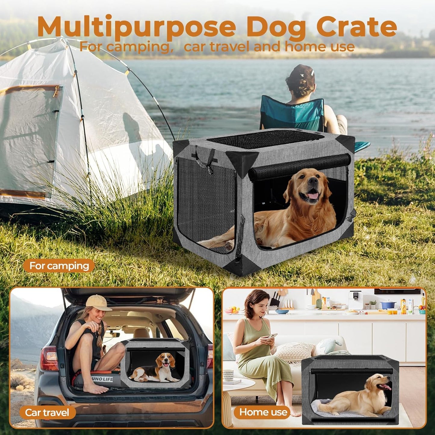 Dog Crate, Collapsible Soft Travel Crate for Large Dogs (3 Year Warranty), Indoor & Outdoor Portable Pet Kennel with Chew-Proof Mesh Window (Dark Gray, 36" L x 25" W x 25" H) ﻿
