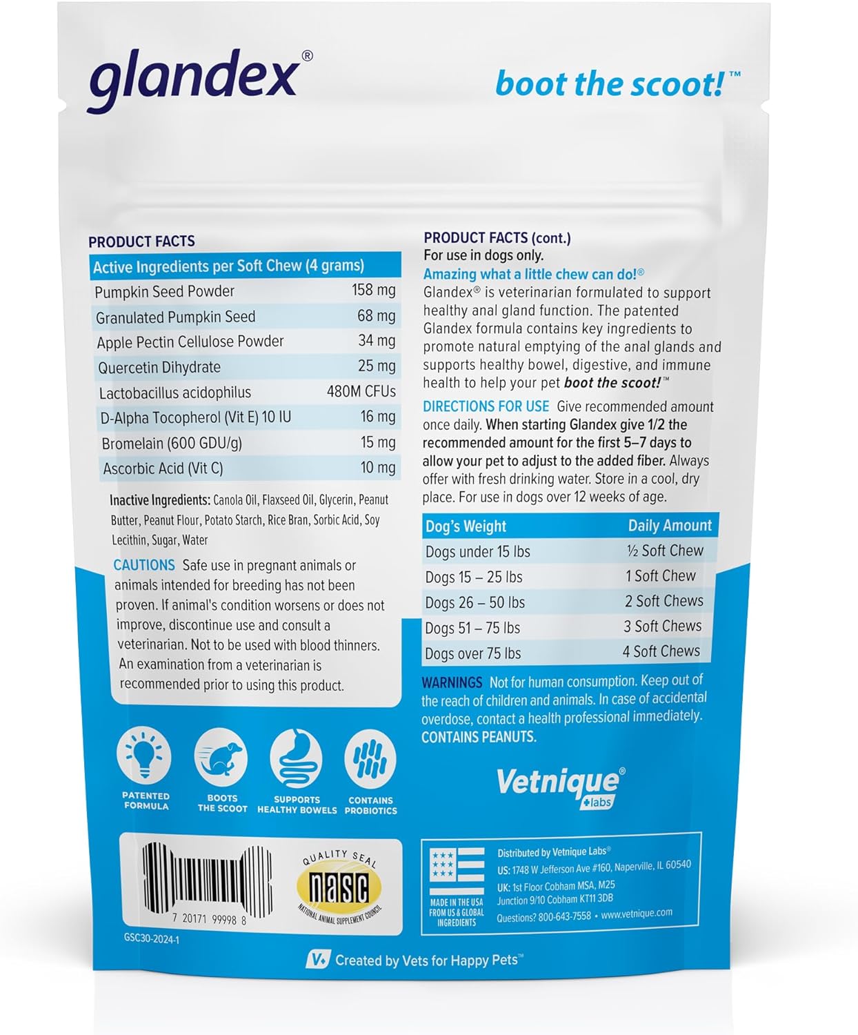 Vetnique Labs Glandex Anal Gland Soft Chew Treats with Pumpkin for Dogs Digestive Enzymes, Probiotics Fiber Supplement for Dogs Boot The Scoot (Peanut Butter Chews, 30 Count)