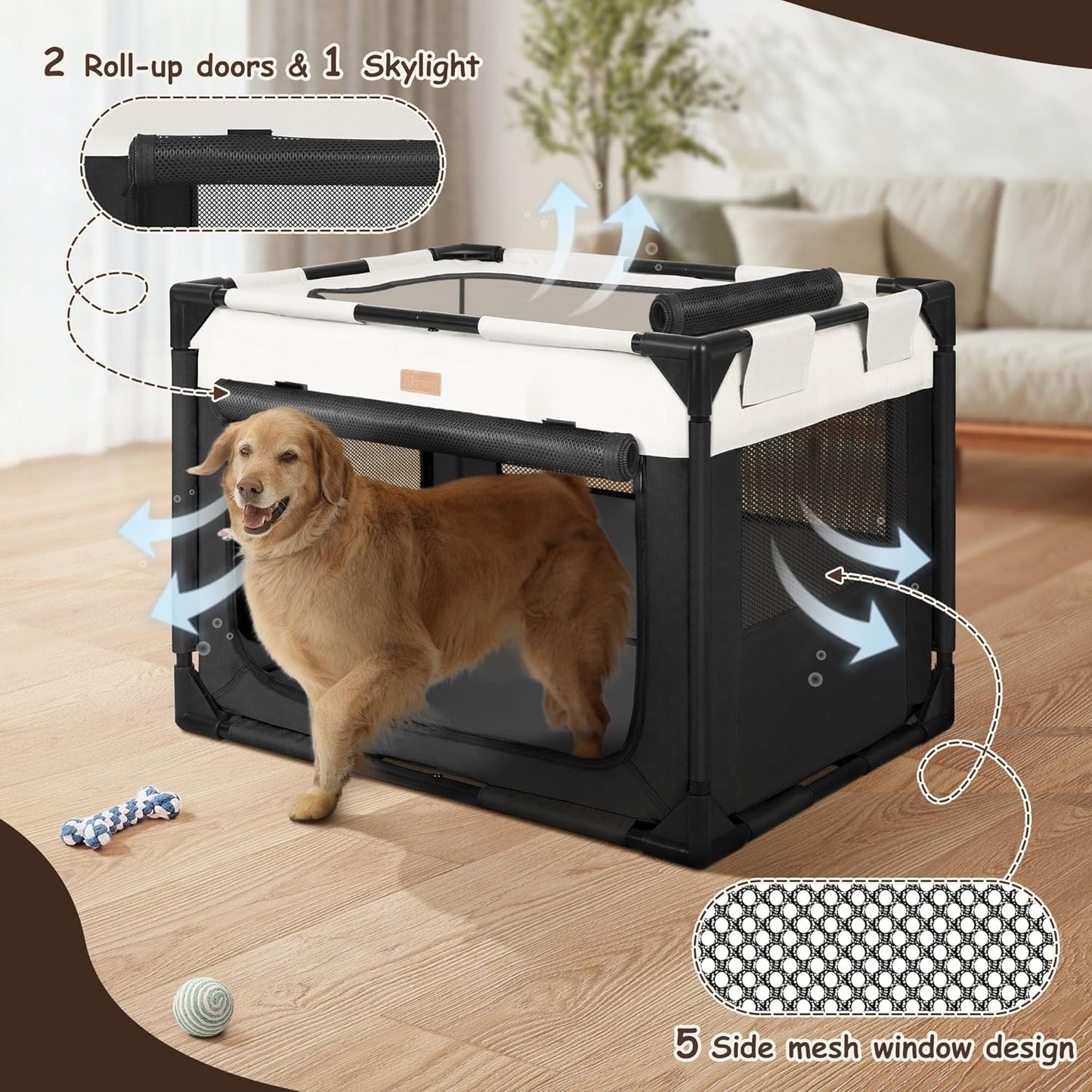 Dog Crate - Soft Pet Kennel for Dogs/Cats, 3-Door Breathable Travel Cage with Mesh Window, Portable Dog Kennel for Indoor & Outdoor, Black-XL