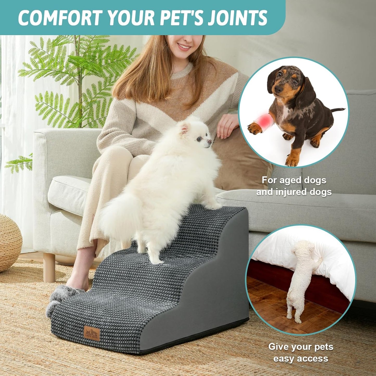 Dog Stairs for Small Dogs 15.7" H, Curved Dog Step for Puppy, Older Cat, Medium Pet Ramp for Sofa, Couch or Chair, Ladder with High Density Foam, 15.7x22.4x15.7 inch, 3 Step, Dark Grey