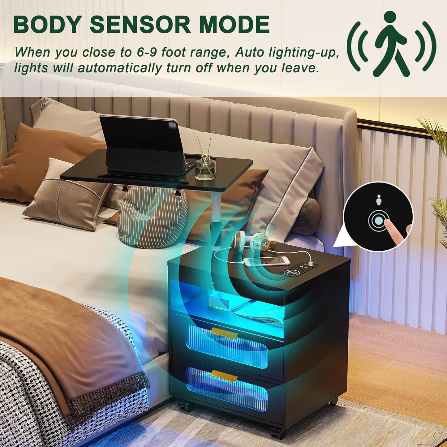 HNEBC Nightstand Set of 2, LED Nightstand with Wireless Charging Station/USB Ports,Smart Nightstand Has Adjustable Rotary Workstation with 2 Drawers,Modern Bedside Table for Bedroom Furniture(Black)