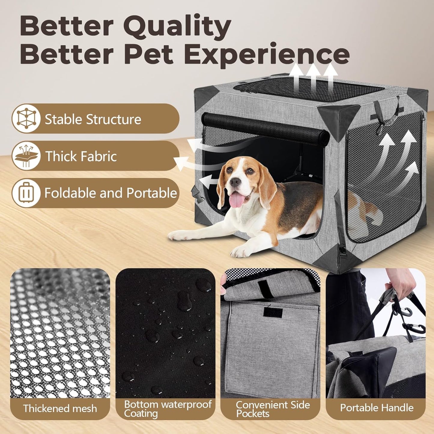 Dog Crate, Collapsible Soft Travel Crate for Large Dogs (3 Year Warranty), Indoor & Outdoor Portable Pet Kennel with Chew-Proof Mesh Window (Dark Gray, 30" L x 21" W x 21" H)