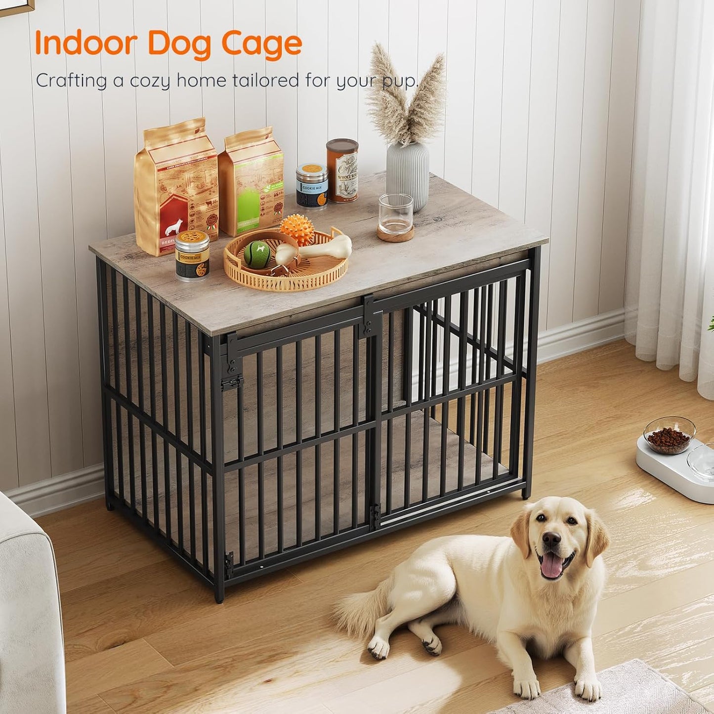 HOOBRO Dog Crate Furniture, 36.6" Heavy Duty Dog Kennel with Sliding Barn Door, Wooden Dog Cage Indoor, Decorative Side End Table for Small/Medium Dogs, Greige and Black GY162GW03G1