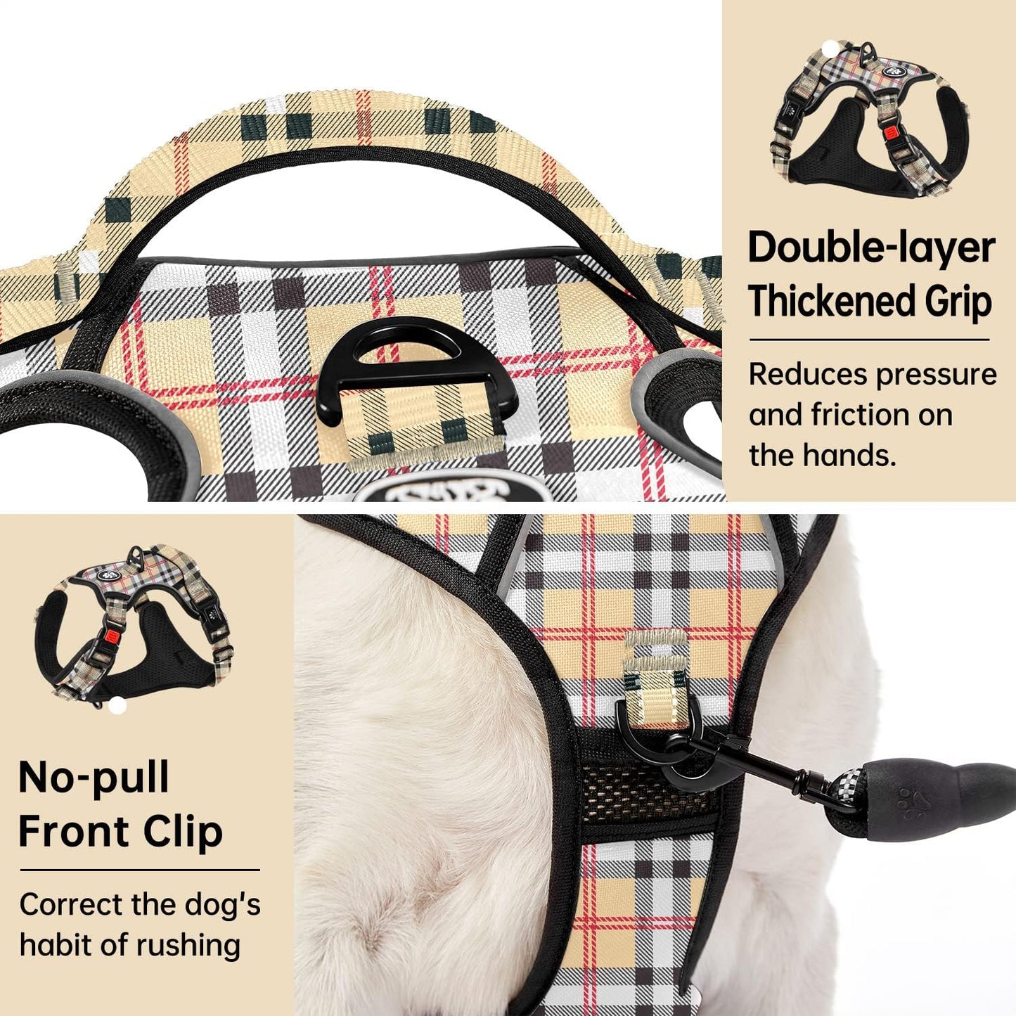 IVY&LANE No Pull Dog Harness with Leash Set, Reflective No Choke Pet Vest,Adjustable Oxford Dog Vest Harness with Easy Control Handle for Large Dogs (Checkered Beige,L)