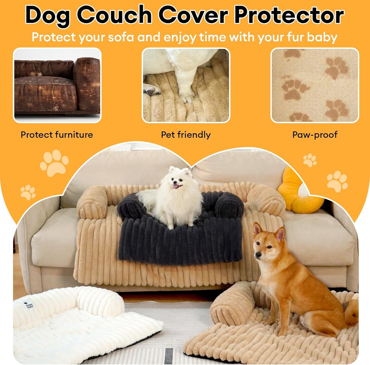 FUNNY FUZZY Pet Couch Cover for Sofa, Calming Dog Bed for Couch, Fluffy Plush Dog Couch Mat for Furniture Protector for Large Medium Small Pets, 47×37 in, Khaki