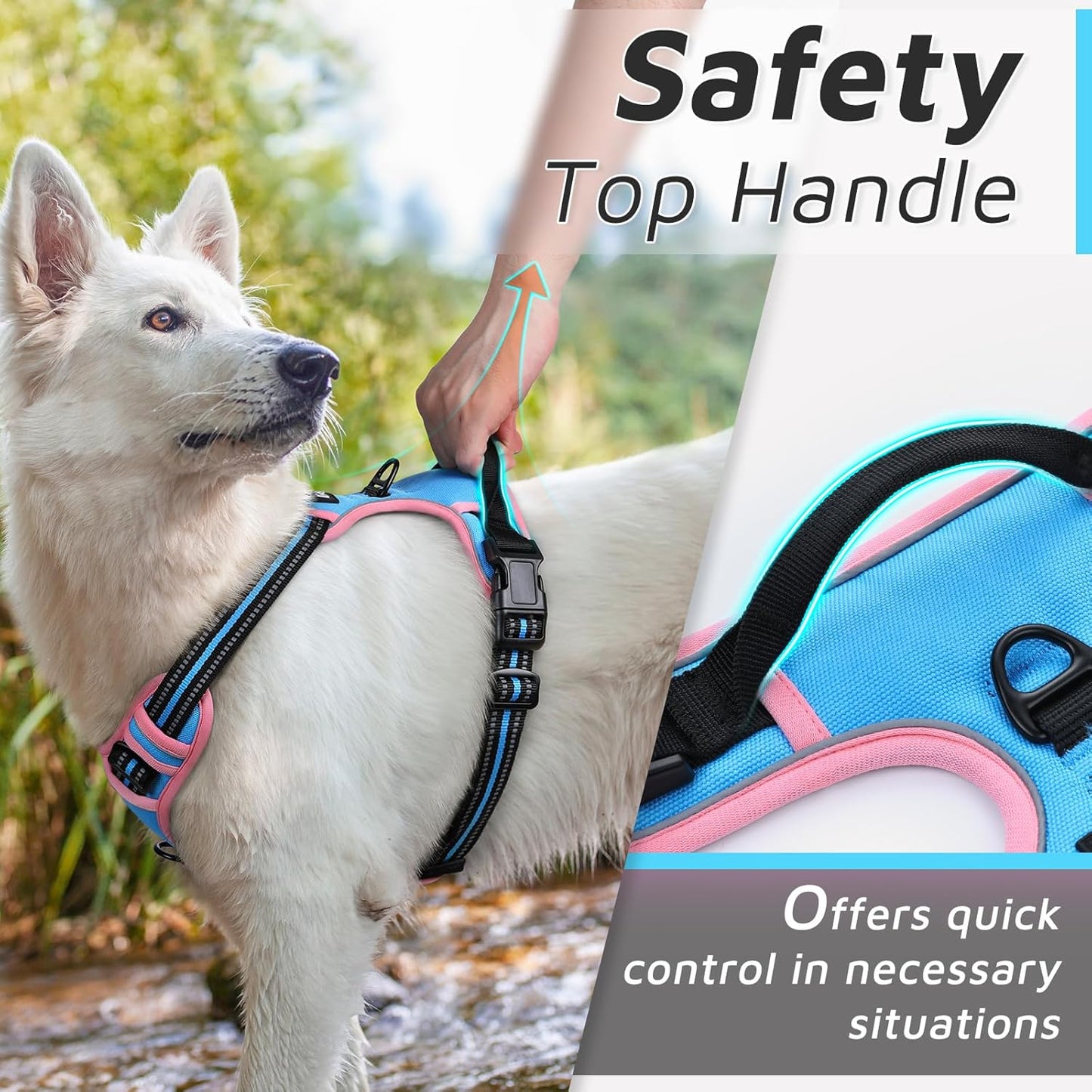 Eagloo Dog Harness for Large Dogs, No Pull Service Vest with Reflective Strips and Control Handle, Adjustable and Comfortable for Walking, No Choke Pet Harness with 2 Metal Rings, Pink & Blue, XL