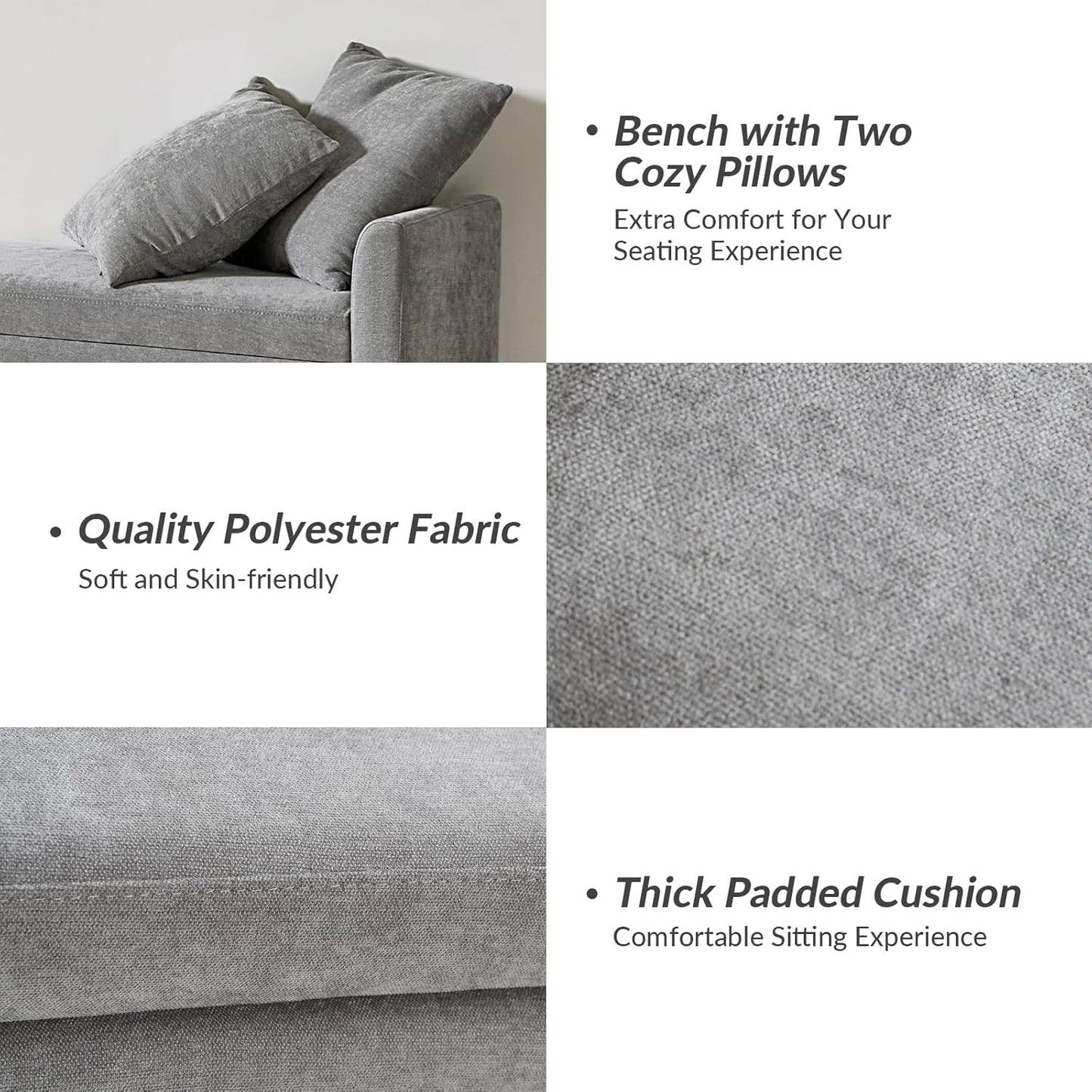 HULALA HOME Modern Storage Bench with Throw Pillows, 59.4" Extra Long Bedroom Ottoman Bench for End of Bed, Comfy Upholstered Footstool for Living Room Dining Room Entryway, Grey