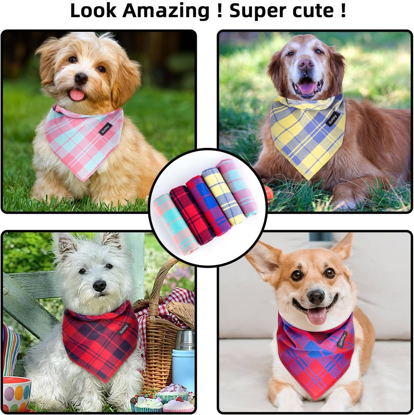 Summer Dog Bandana Large-Dog Scarf Vibrant Color Yellow Blue Plaid Printing Adjustable Bib Handkerchief Accessories for Medium Large Dogs (L)