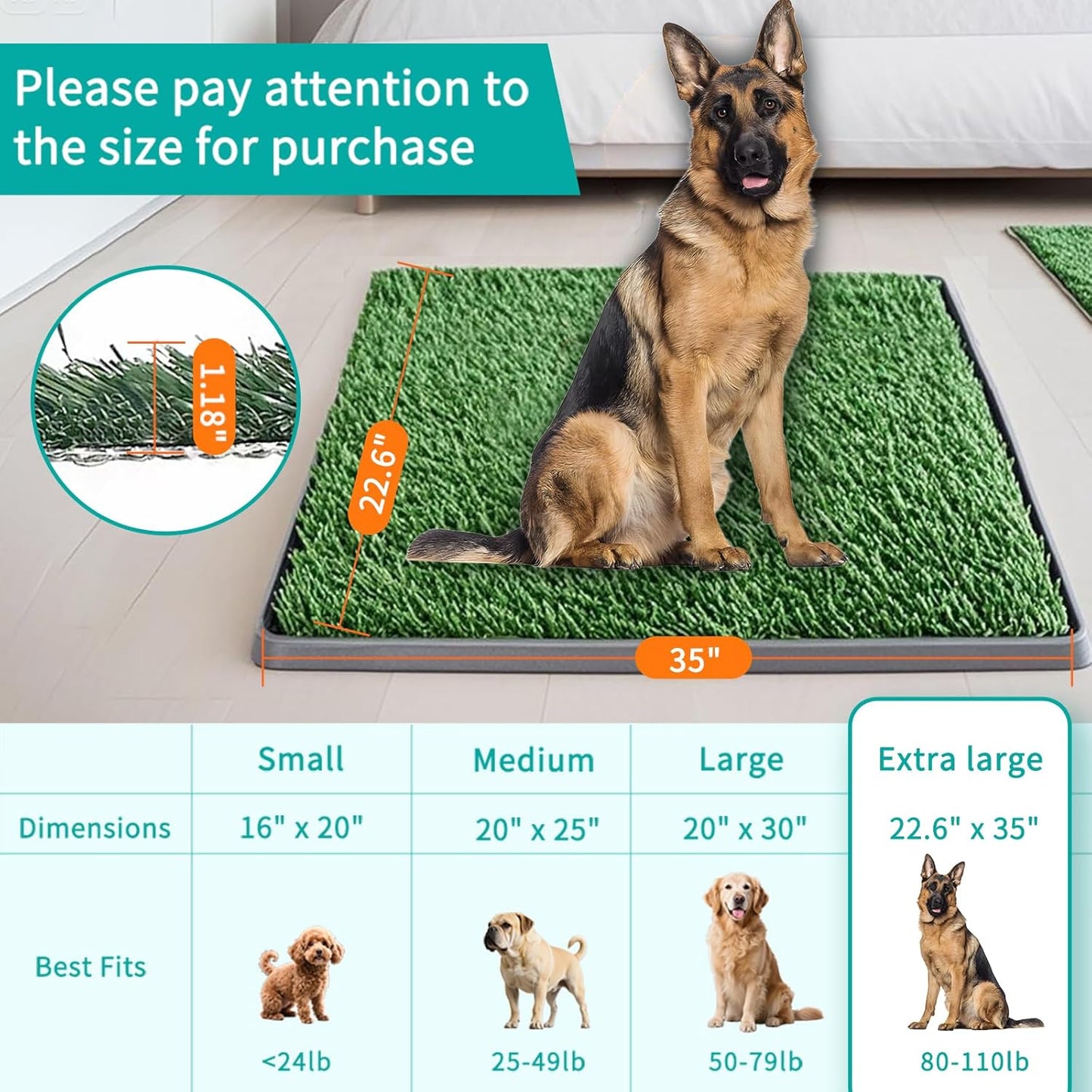 35"X22.6" Dog Grass Pad with Tray - Indoor/Outdoor Artificial Turf Potty Training Mat for Large Dogs, Portable Dog Litter Box for Balcony/Patio, Washable Reusable Pee Pad and Fake Grass for Dogs