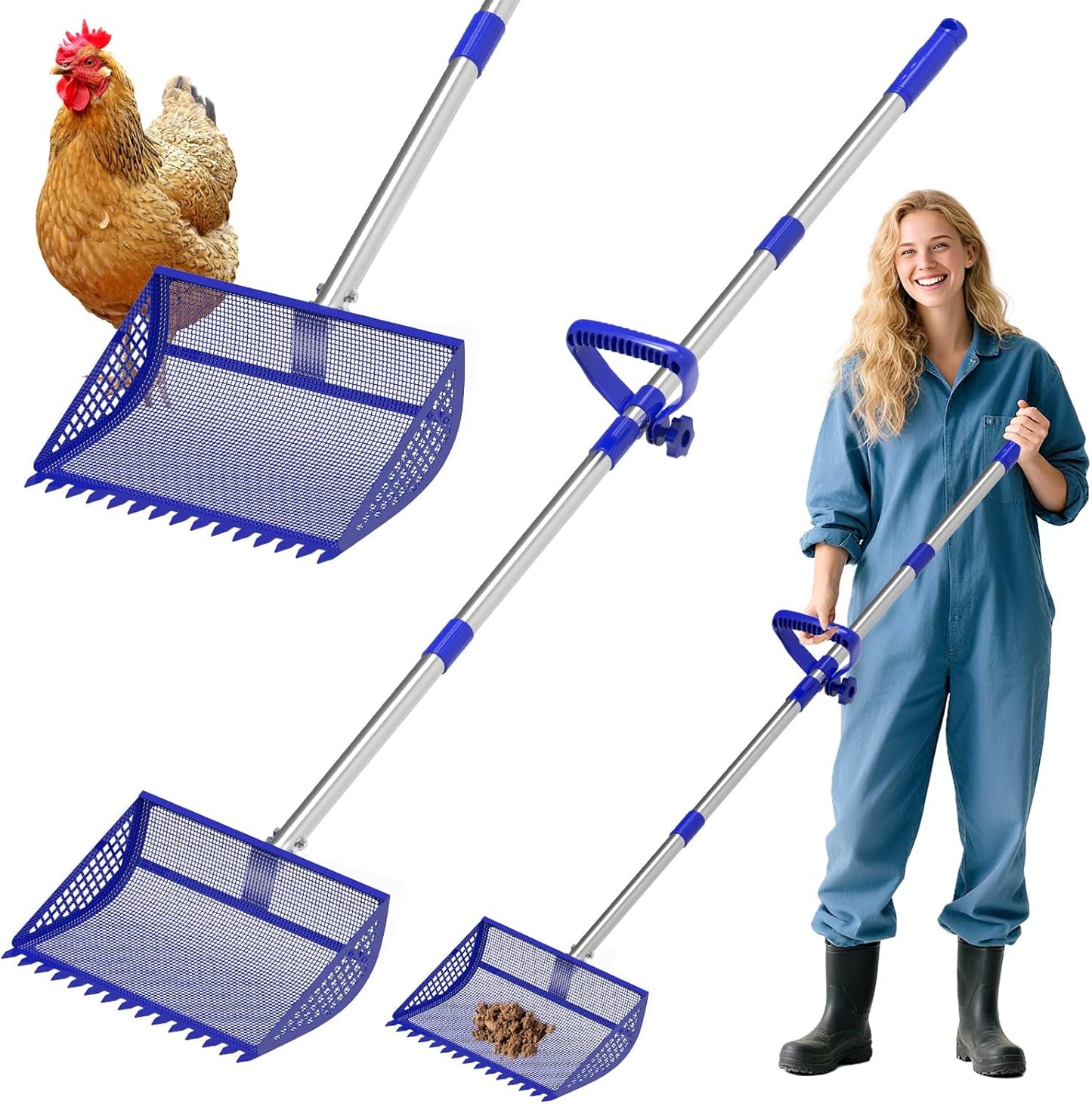 12 Inch Chicken Poop Scooper & Rake 2-in-1, Large Metal Shovel Head, Rubber Handle Stainless Steel Chicken Litter Scoop for Chicken Coops, Litter Screening Scoop (35 to 65in) US Patent Pending (Blue)