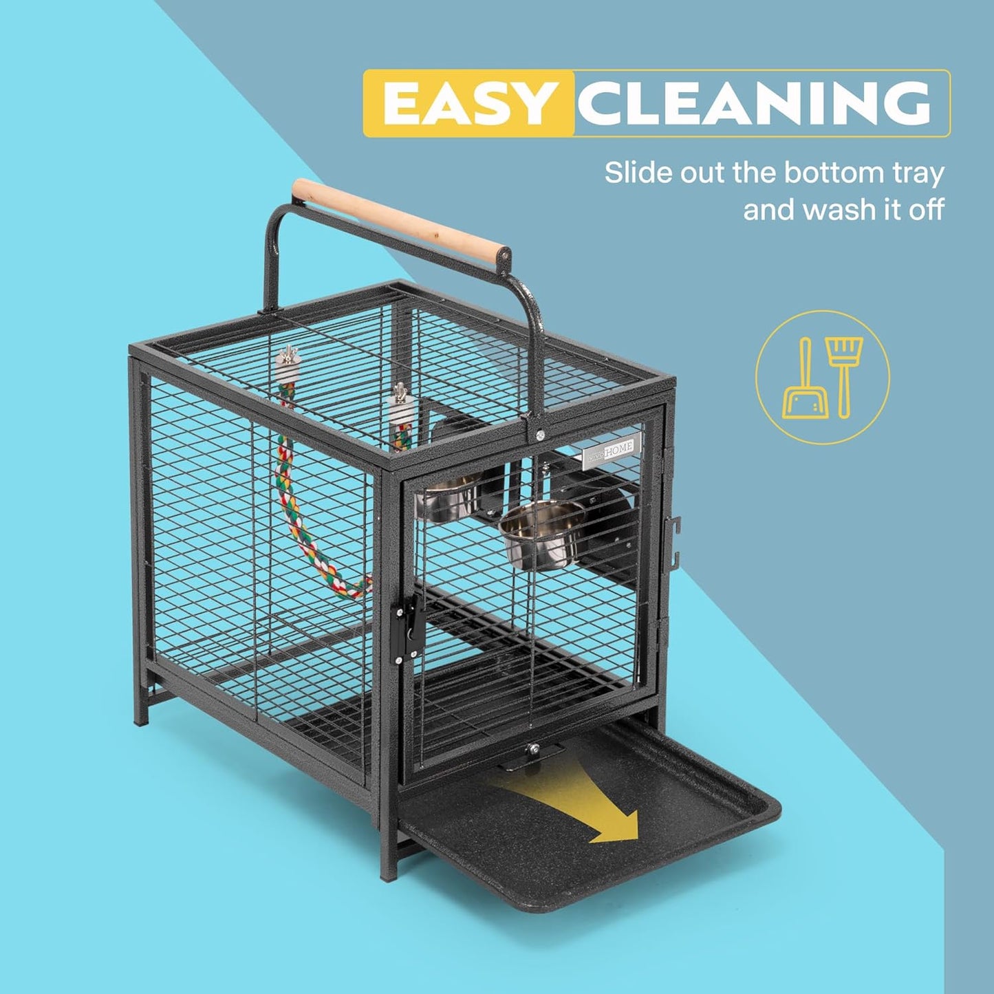 VIVOHOME 19 Inch Wrought Iron Bird Travel Carrier Cage for Parrots Conures Lovebird Cockatiel Parakeets Black