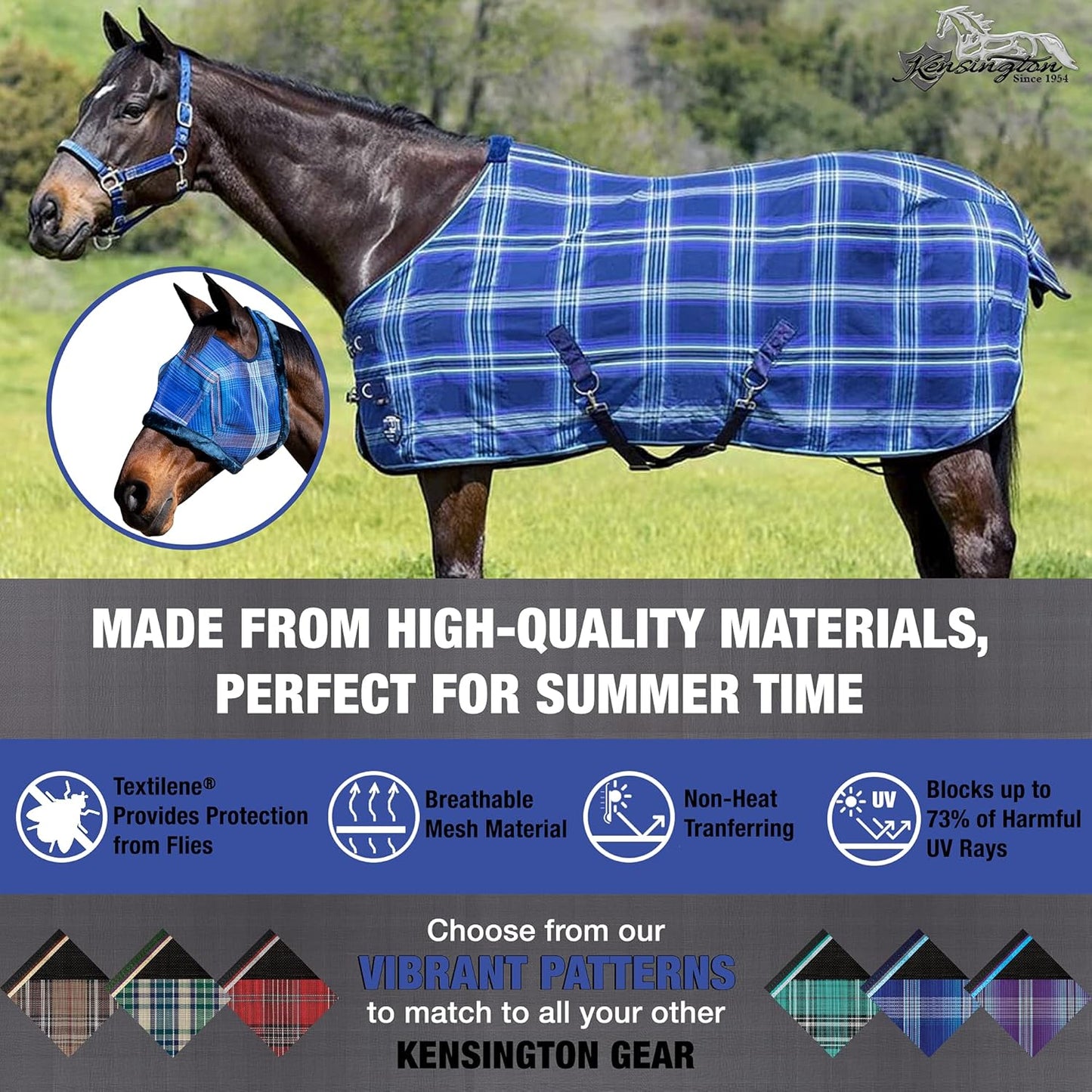 Kensington Fly Mask with Fleece Trim for Horses — Protects Face and Eyes from Flies and Sun Rays While Allowing Full Visibility — Breathable and Non Heat Transferring, Medium, Kentucky Blue