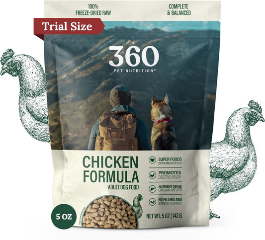 360 Pet Nutrition Freeze-Dried Raw Dog Food – Chicken Recipe with Liver & Organs, High Protein, Omega-3s, Fruits, Veggies & Superfoods, Grain-Free, No Fillers, 5 oz – Made in USA
