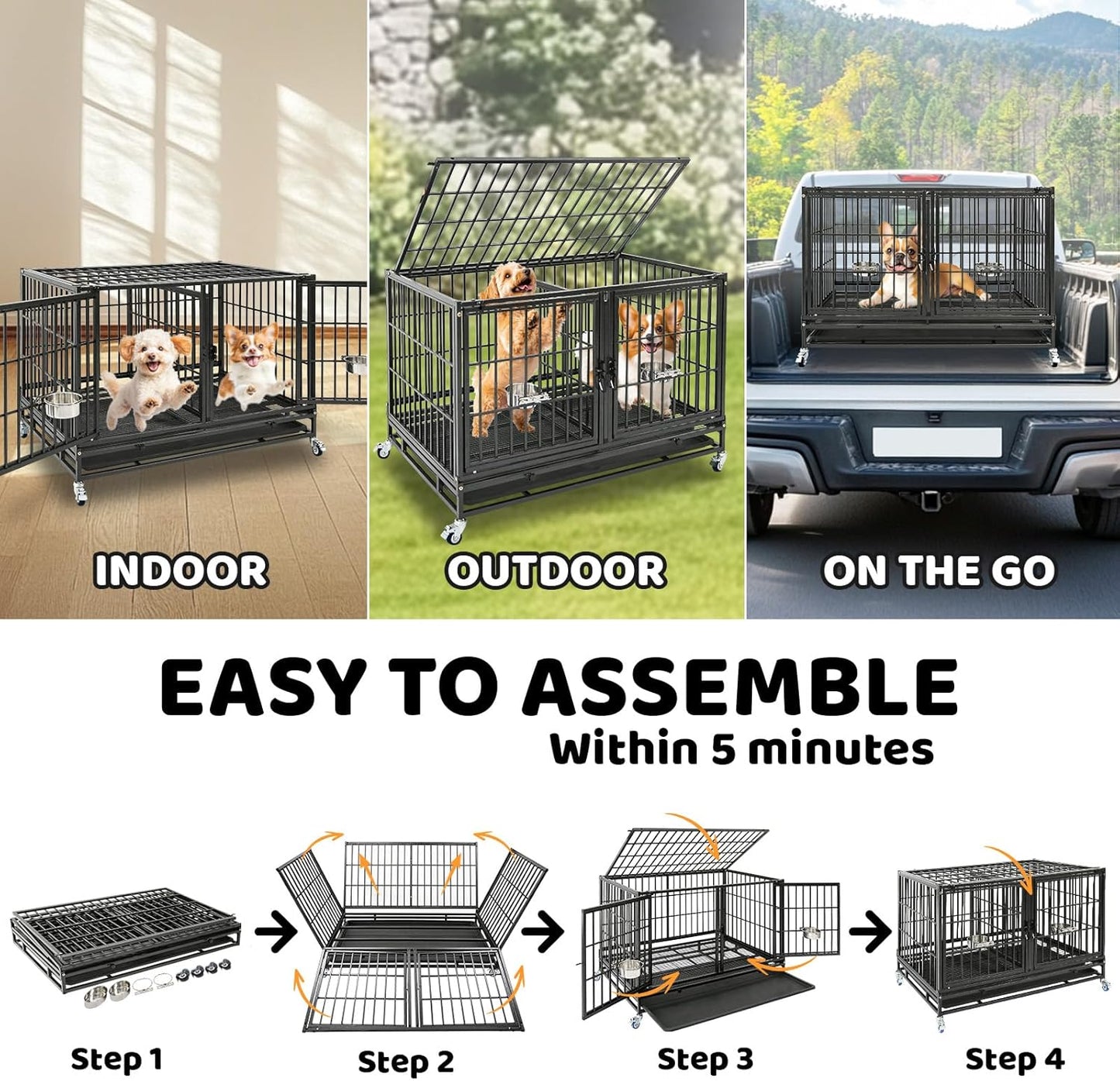Homey Pet 3 Pack Three Tiers 43 inch Stackable Heavy Duty Dog Crate with Wheels, Indestructible Steel Dog Cage Kennel Indoor with Detachable Divider, Trays, Feeding Bowls, Escape Proof Locks