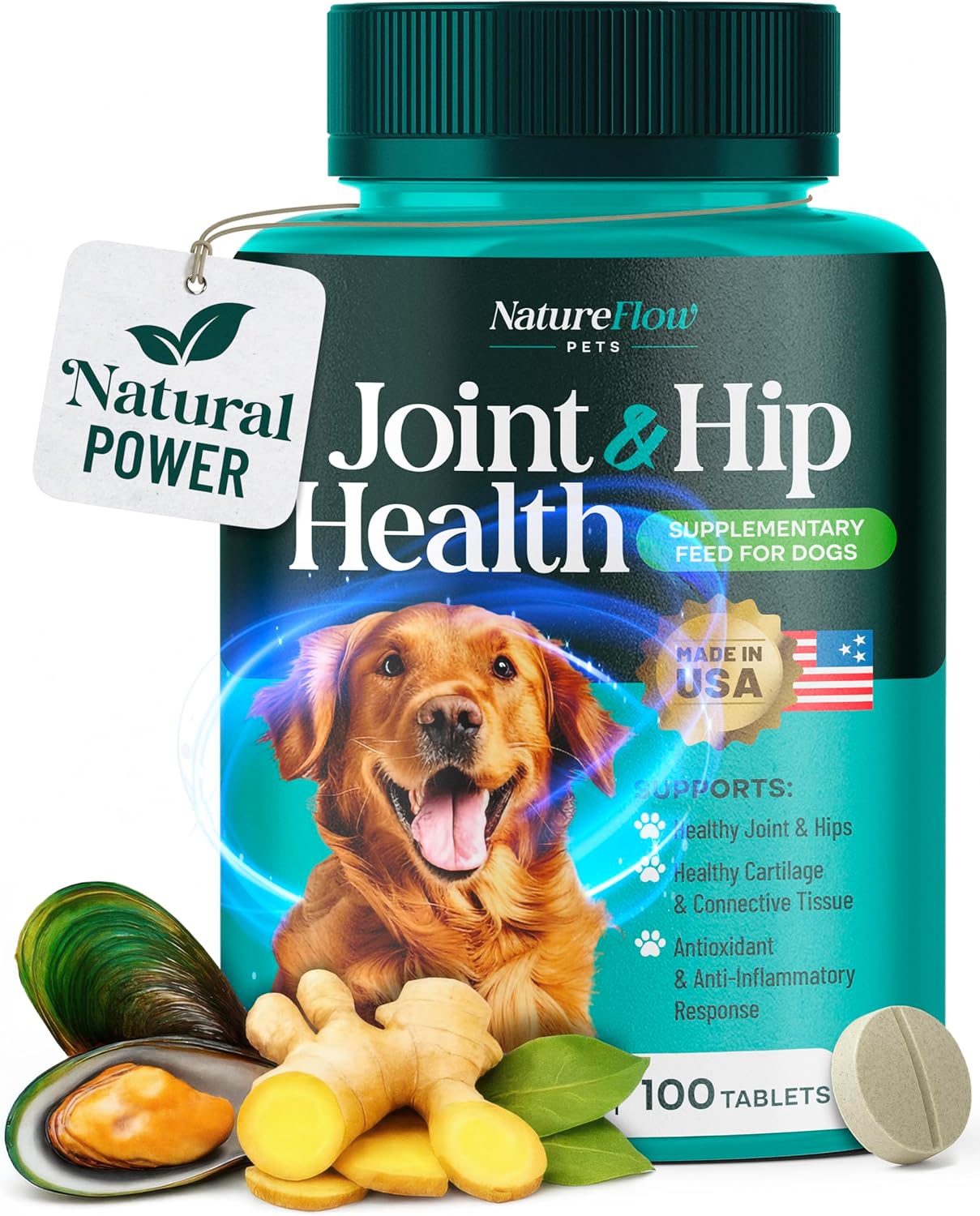 Joint Supplement for Dogs, Power of Nature Made in USA, Unique Formula: Green-Lipped Mussel, Glucosamine, Chrondroitin, MSM, Devils Claw, Hip and Joint Supplement, All Breeds - 100 ct