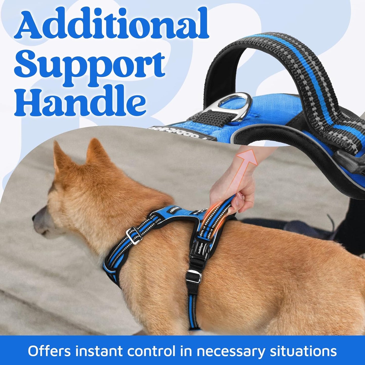 rabbitgoo Dog Harness Small Sized, No Pull Dog Vest with 3 Buckles, Adjustable Soft Padded Pet Harness with Easy Control Handle and Reflective Strips, Blue, S