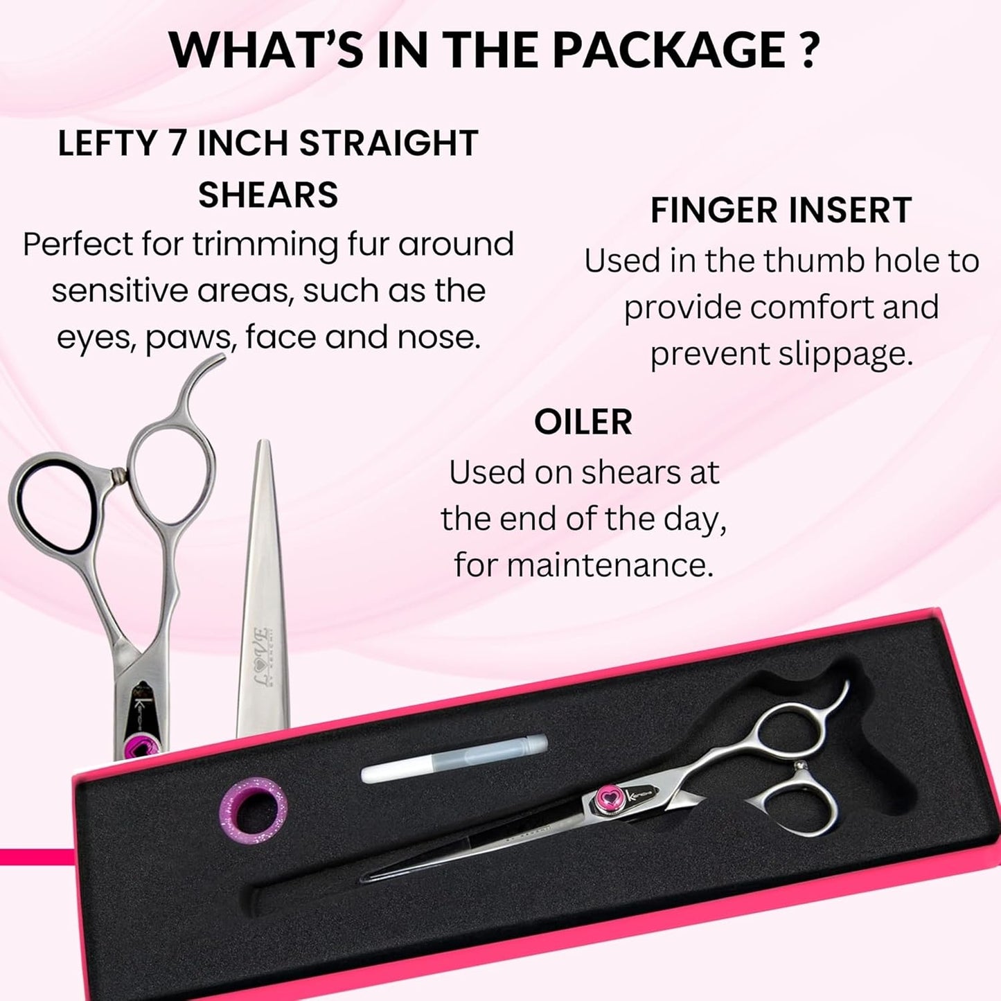 Kenchii Love Left Handed Dog Grooming Scissors, 7 Inch Straight Shears, Dog Scissors for Grooming, Professional Pet Grooming Scissors, Ergonomic & Comfortable