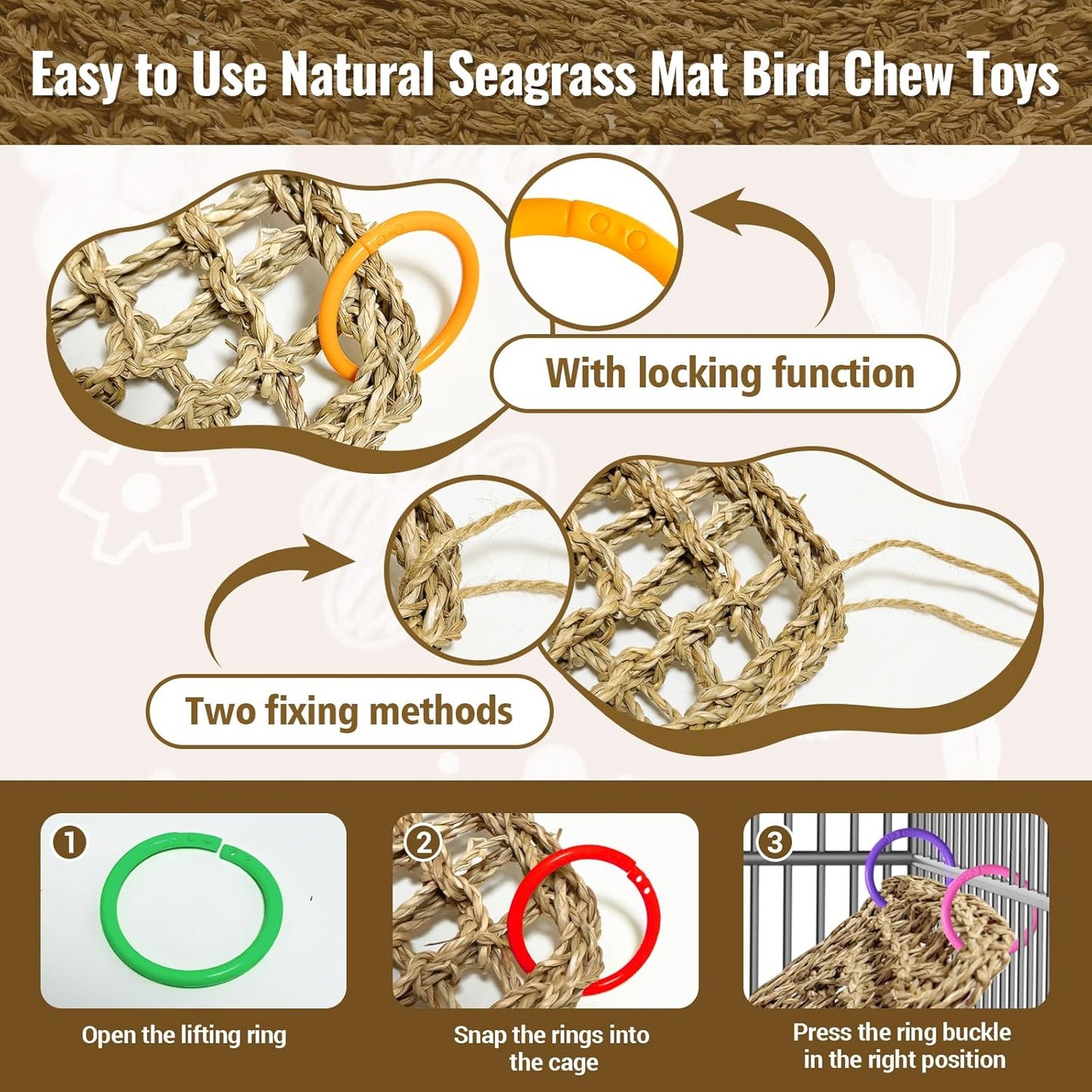 29.5 x 7 inches Large Bird Seagrass Mat Grass Woven Net Parrot Hammock Mat Parakeet Climbing Rope Ladder with Hooks Bird Cage Accessories for Conure Cockatiel Budgie Macaw