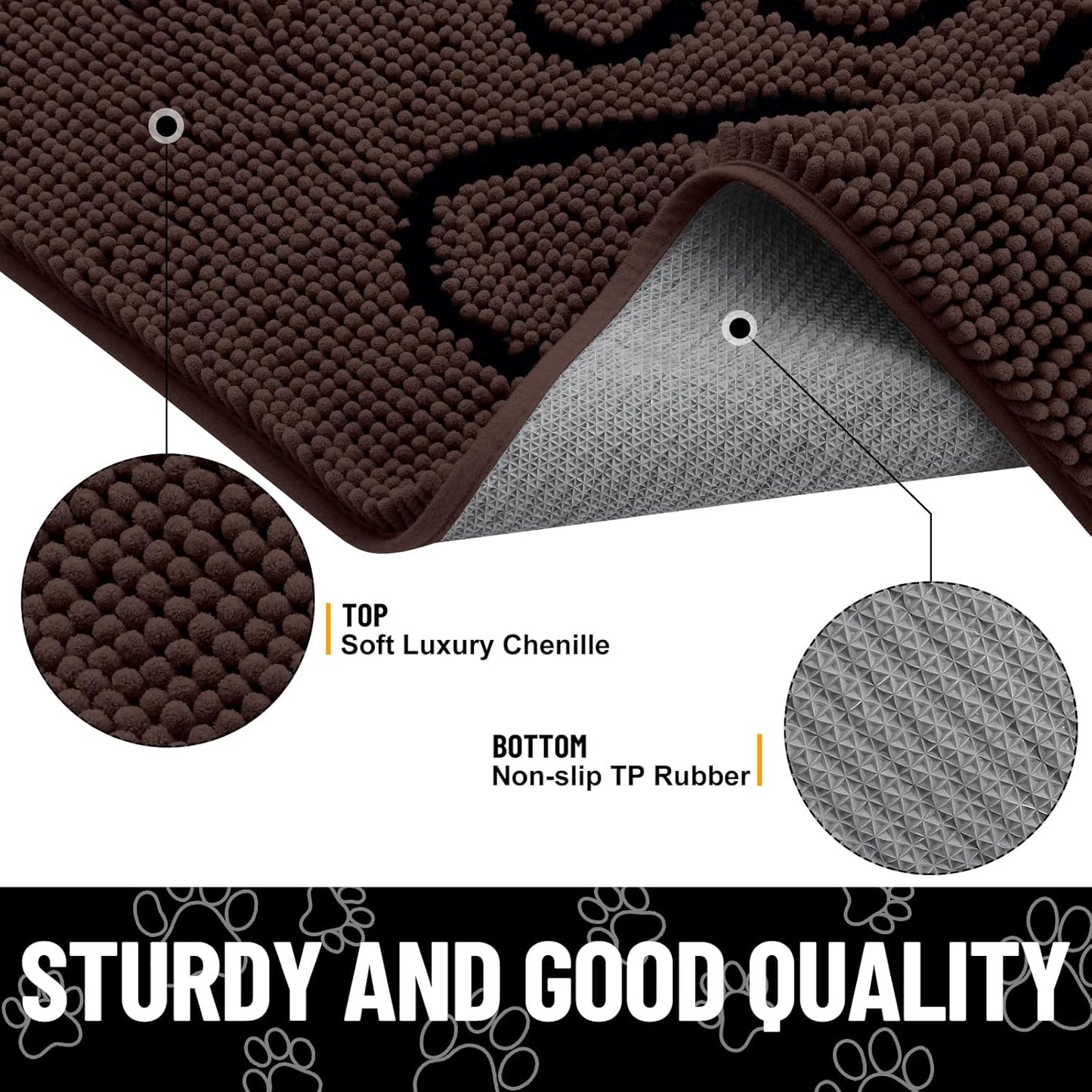 Smiry Dog Door Mat for Muddy Paws, Absorbent Dirt Trapper Non Slip Quick Dry Washable Chenille Mat for Mud Dogs, Entry Rug for Indoor and Outdoor (30x20 Inches, Brown and Black)