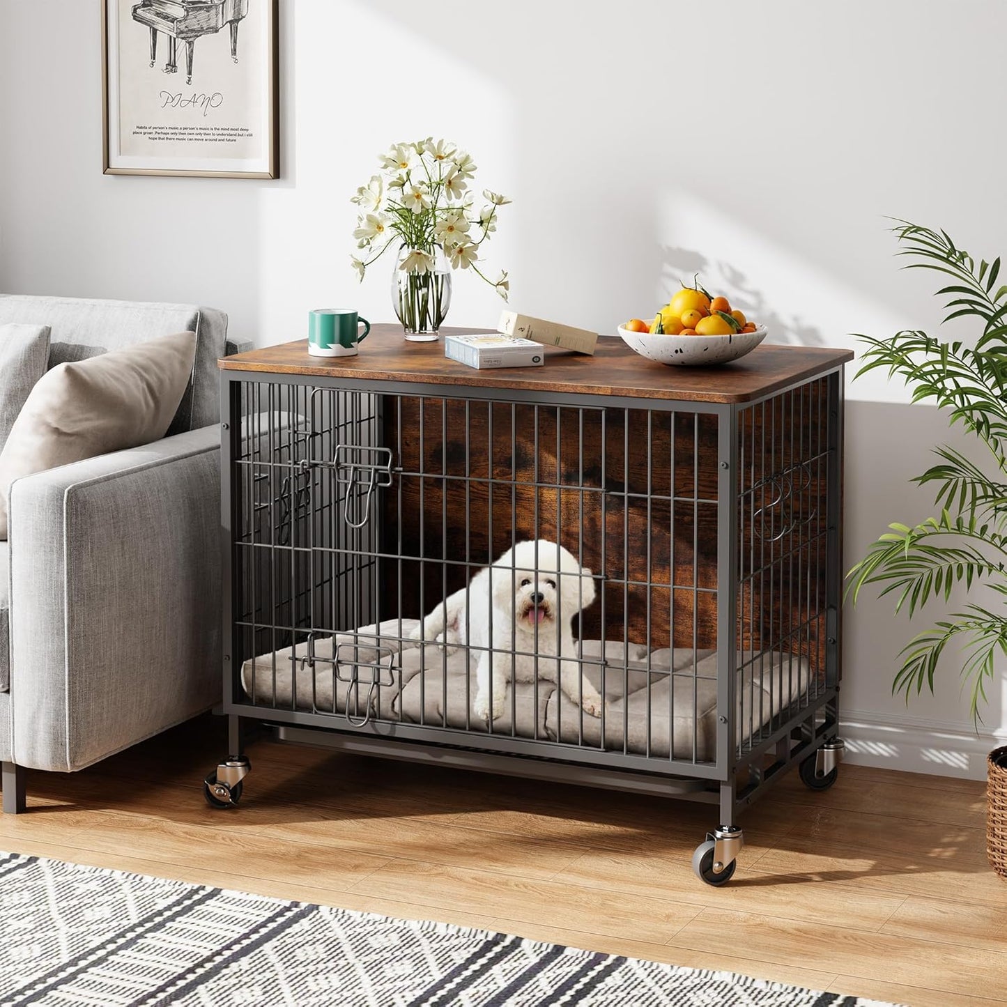 Dog Crate Furniture, 32.5" Wooden Dog Crate Furniture Side End Table, Indoor Kennel with Double Doors, Dog Crates for Medium Dogs, Rustic Brown