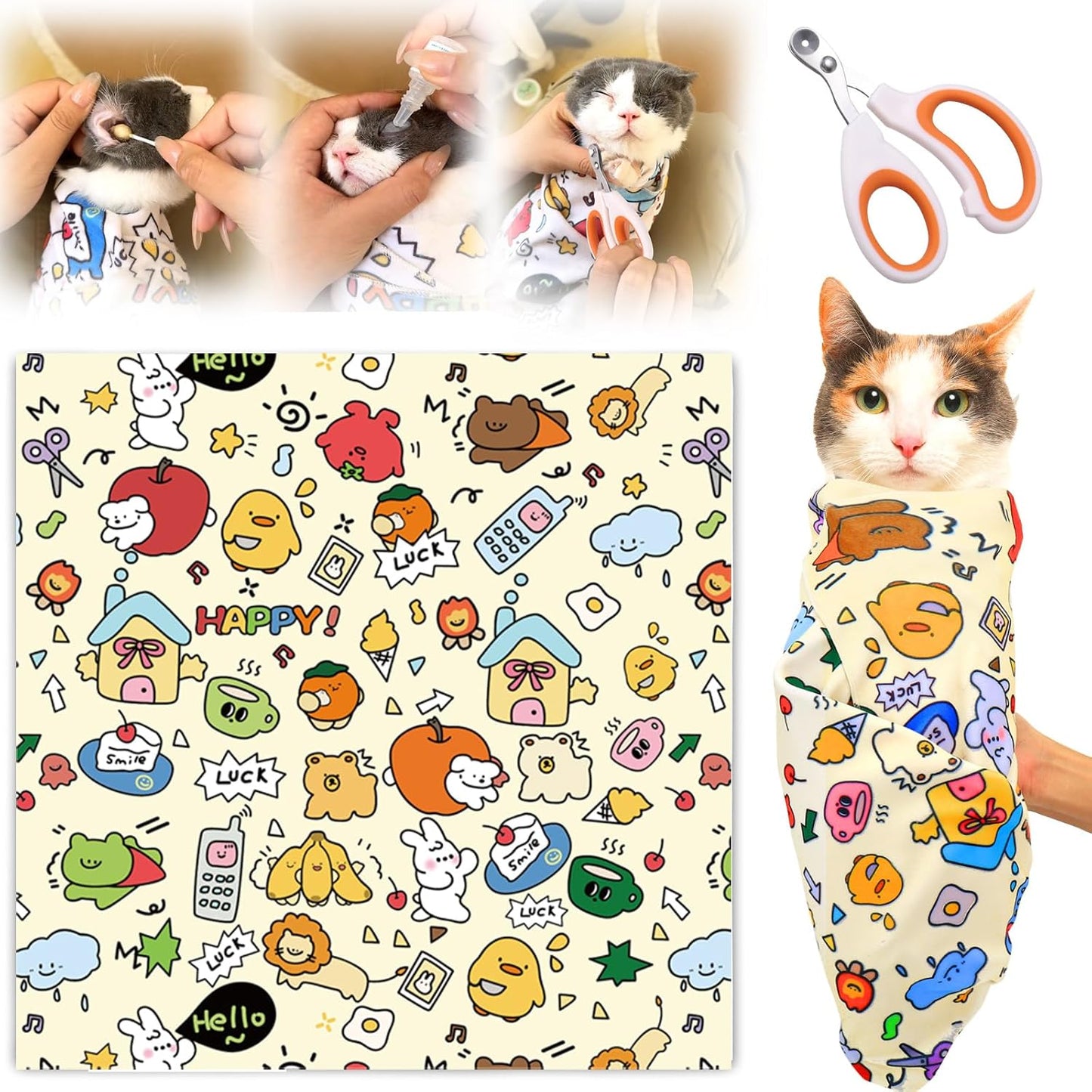XANGNIER Cat Grooming Wrap with Cat Nail Clippers -Self-Adhesive Cat Swaddle for Nail Clipping, Anti-Scratch & Anti-Escape Cat Restraint for Calm, Safe & Easy Nail Trimming