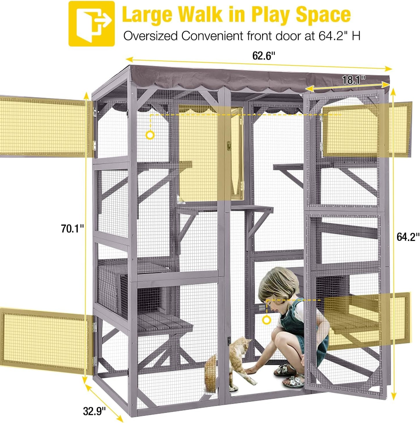 Aivituvin Catio Outdoor Cat Enclosure Large Cat House for Mulitiple Cats Walk in Kitty Cage with Tarp Roof 70"