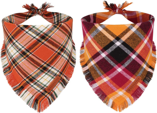 ADOGGYGO Fall Dog Bandana with Tassels Edges, Stylish Orange Plaid Pet Scarf, Multiple Size, Thanksgiving Halloween Fall Bandanas for Medium Large Dogs (Large)