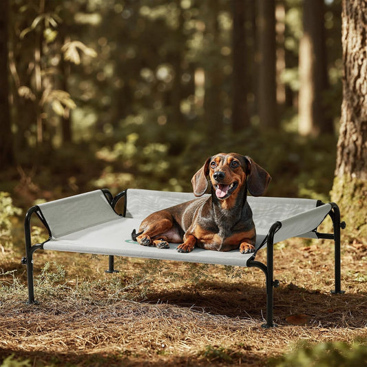 Gardner Pet Elevated Dog Bed for Small Dog, Outdoor Raised Bed Waterproof Portable Cooling Pet Cot Hammock Bed with 3-Sided Guardrail, Breathable Mesh, Grey, 35 Inches