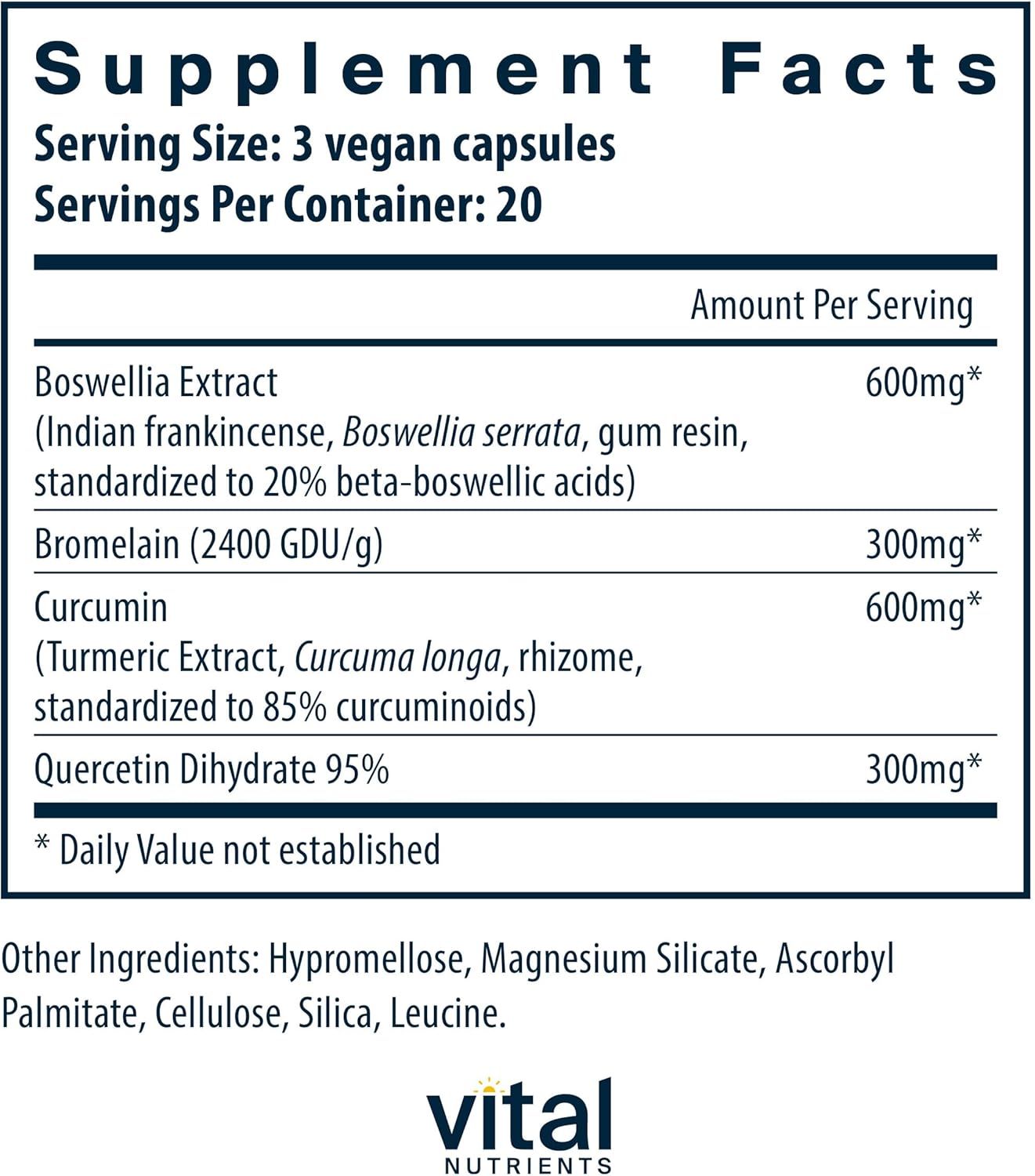 Vital Nutrients BCQ | Vegan Boswellia, Bromelain, Curcumin & Quercetin Supplement | Joint Support Supplement | Supports Sinus & Digestive Health | Gluten, Dairy, Soy Free | 60 Capsules