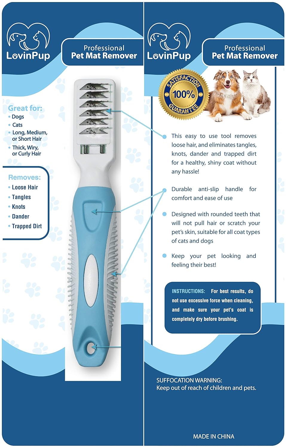 Pet Mat Remover Easily removes Mats Professionally from your DOGS & CATS and Straightens Tuft & Knotted Pet hair. Extremely Gentle on pets, works on Sensitive Skin too! Blue