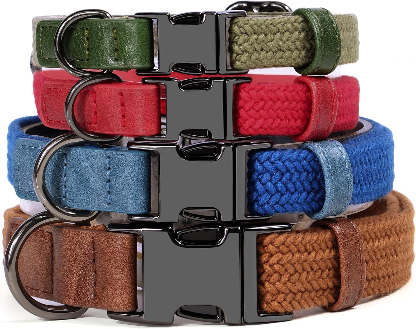 PET ARTIST Soft Cotton Dog Collar for Large Dogs in Stylish Green, Simple Dog Collar with Quick Release Metal Buckle & D Ring, L Size (15-23")